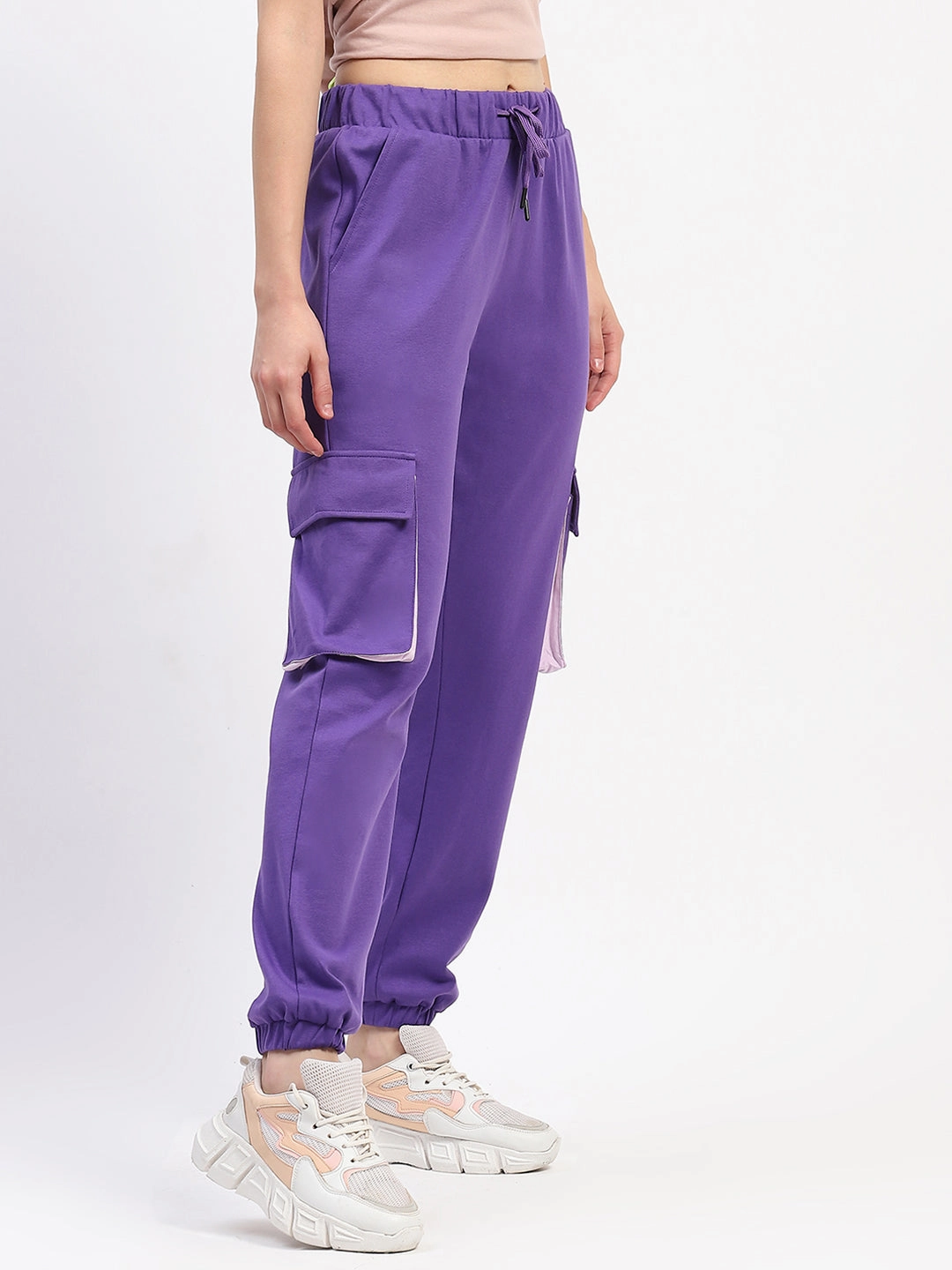 Madame Purple Cotton Joggers with Elastic Waist and Flap Pockets Breathable Layer Adaptable Fit