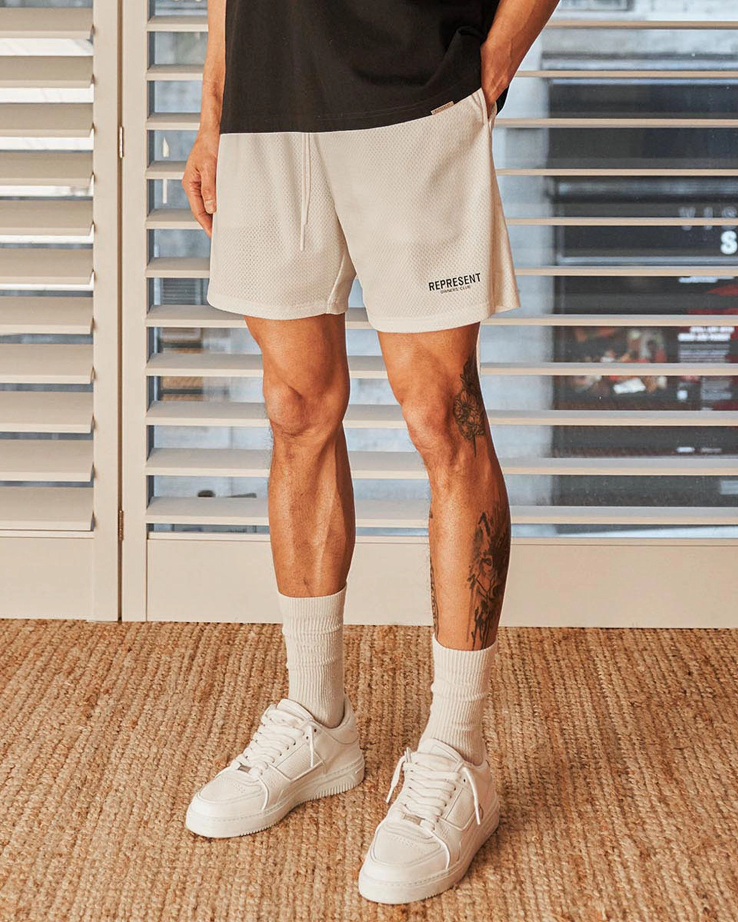 Represent Owners Club Mesh Shorts - Flat White AntiSnagTechnology Fashion Accessory