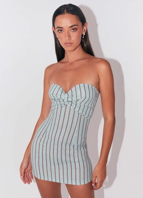 Balloon-Sleeve Wide Swing Noline Linen Mini Dress - Coastal Stripe