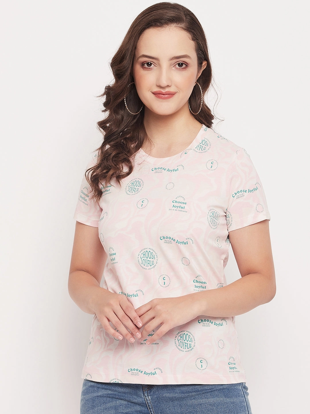Breathable knit Madame Peach Round Neck Printed Cotton T-Shirt