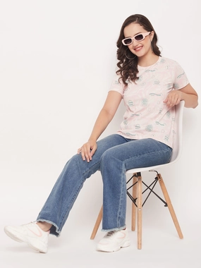 Comfy Casual Wear Durable Ribbed Hem Madame Peach Round Neck Printed Cotton T-Shirt