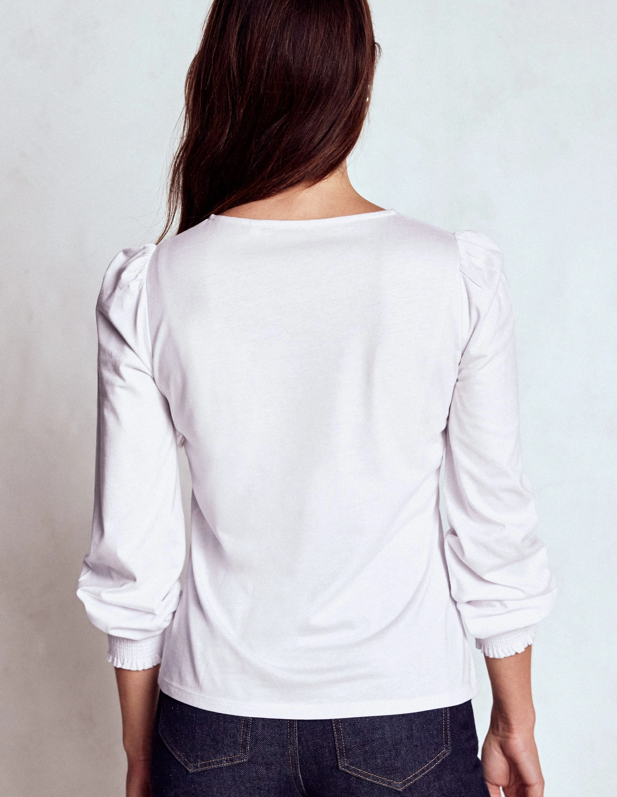 Smocked Cuff Supersoft Top-White Reinforced Hem Stitching
