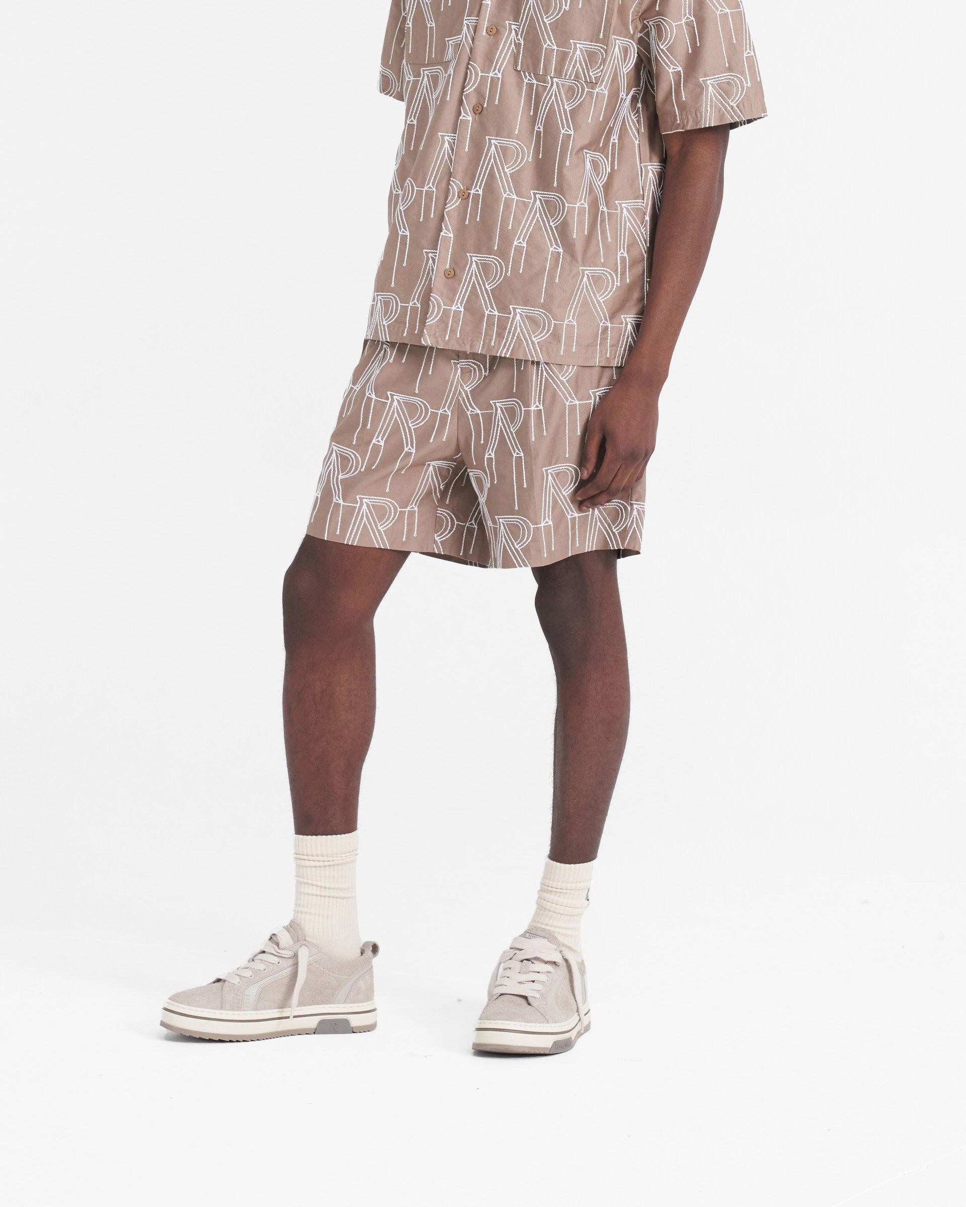 Embroidered Initial Tailored Short - Washed Taupe fade - resistant Durable Weave Fabric
