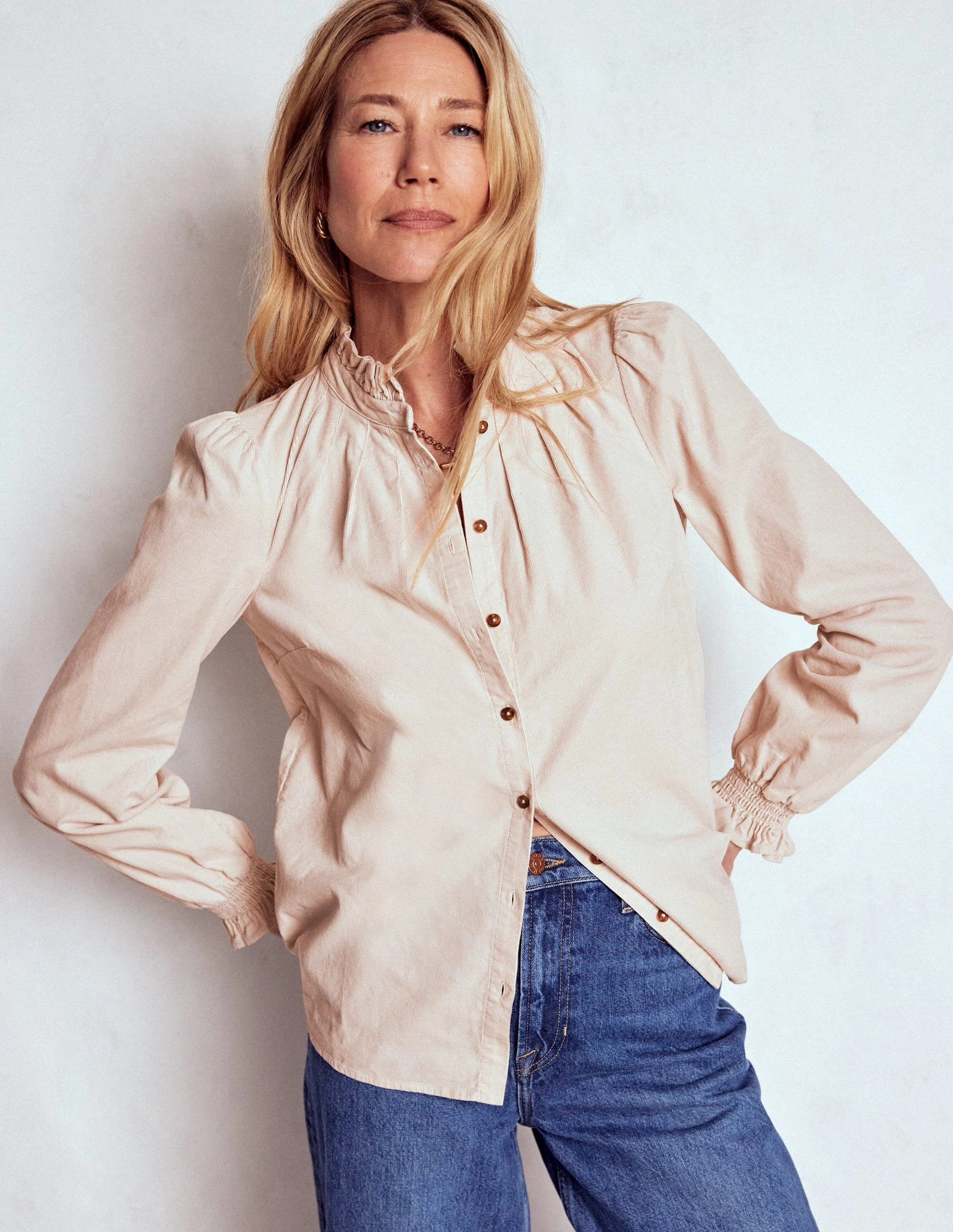 Reinforced Neckline Detail Lorna Cord Top-Almond Milk
