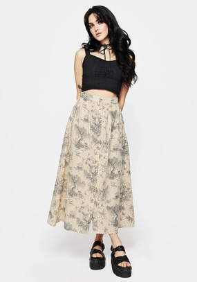 Maypole Cotton Print Button Up Midaxi Skirt Elasticized Hem Laser cut