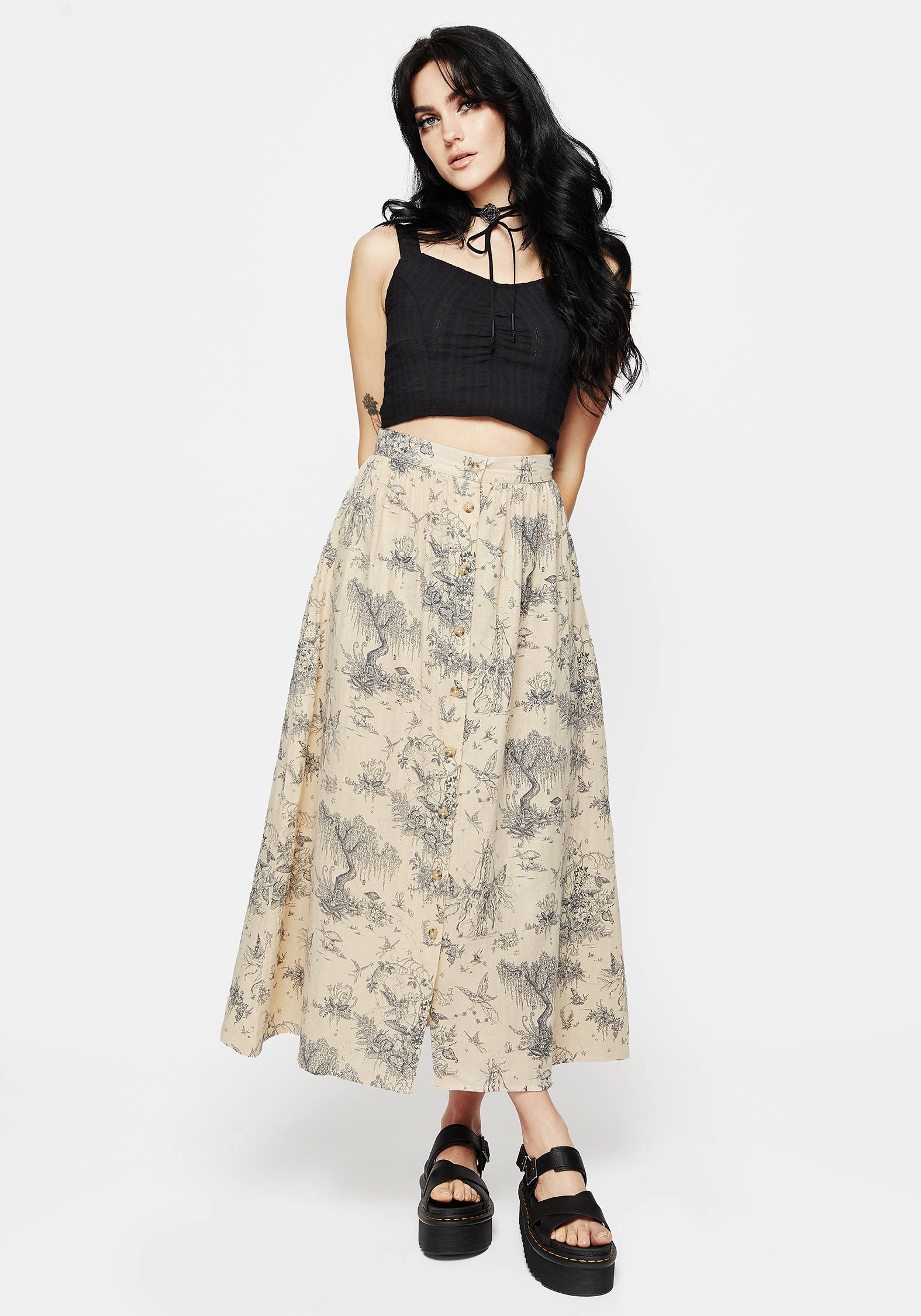 Maypole Cotton Print Button Up Midaxi Skirt Elasticized Hem Laser cut