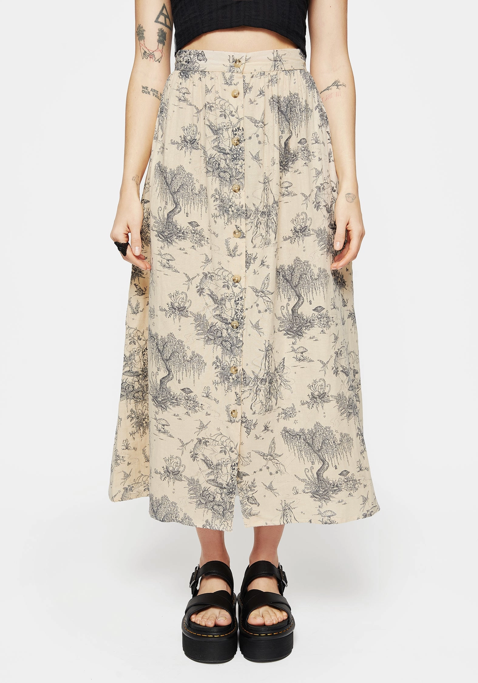 muted tone Maypole Cotton Print Button Up Midaxi Skirt