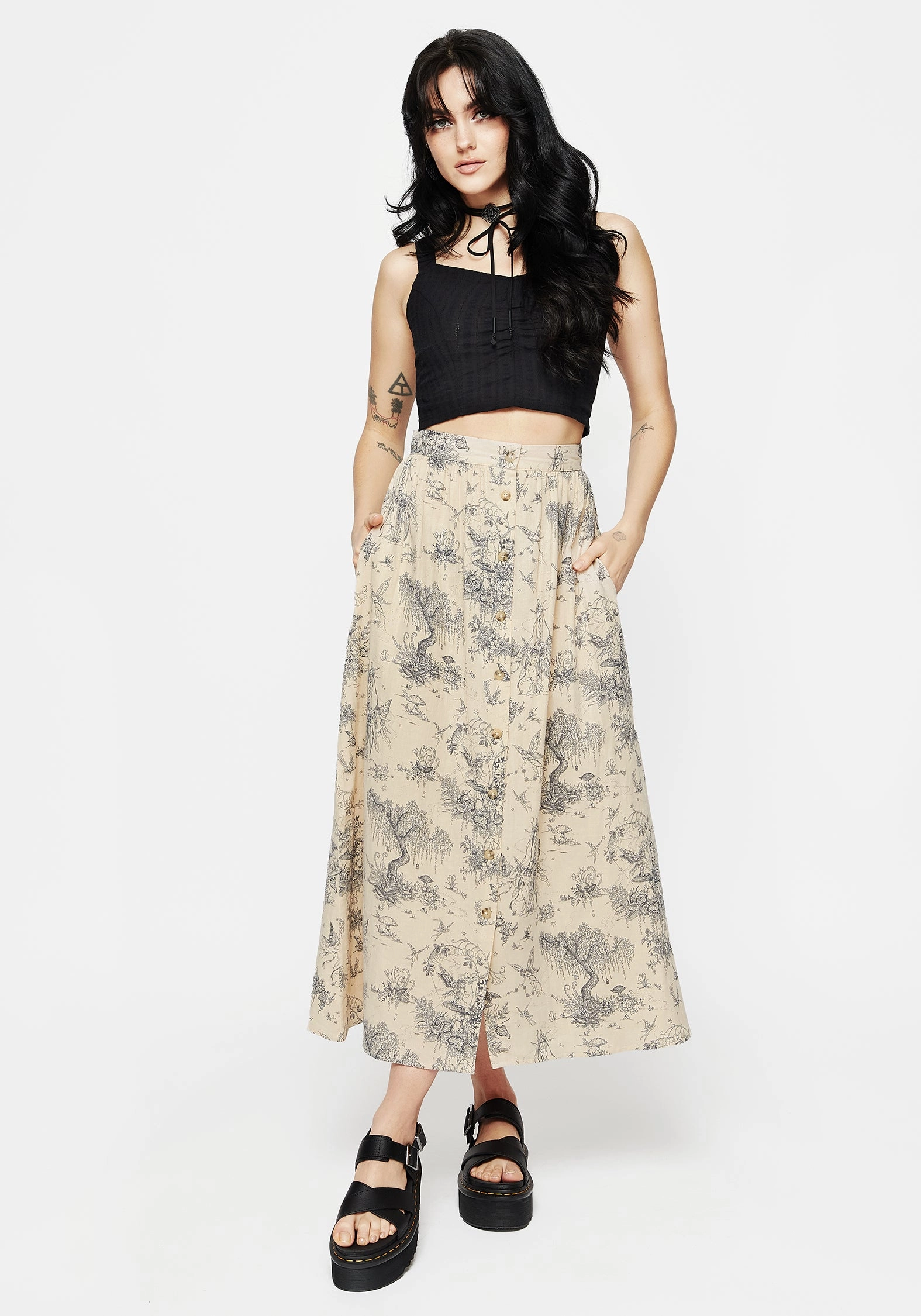 Maypole Cotton Print Button Up Midaxi Skirt Family Celebration Crisscross Back