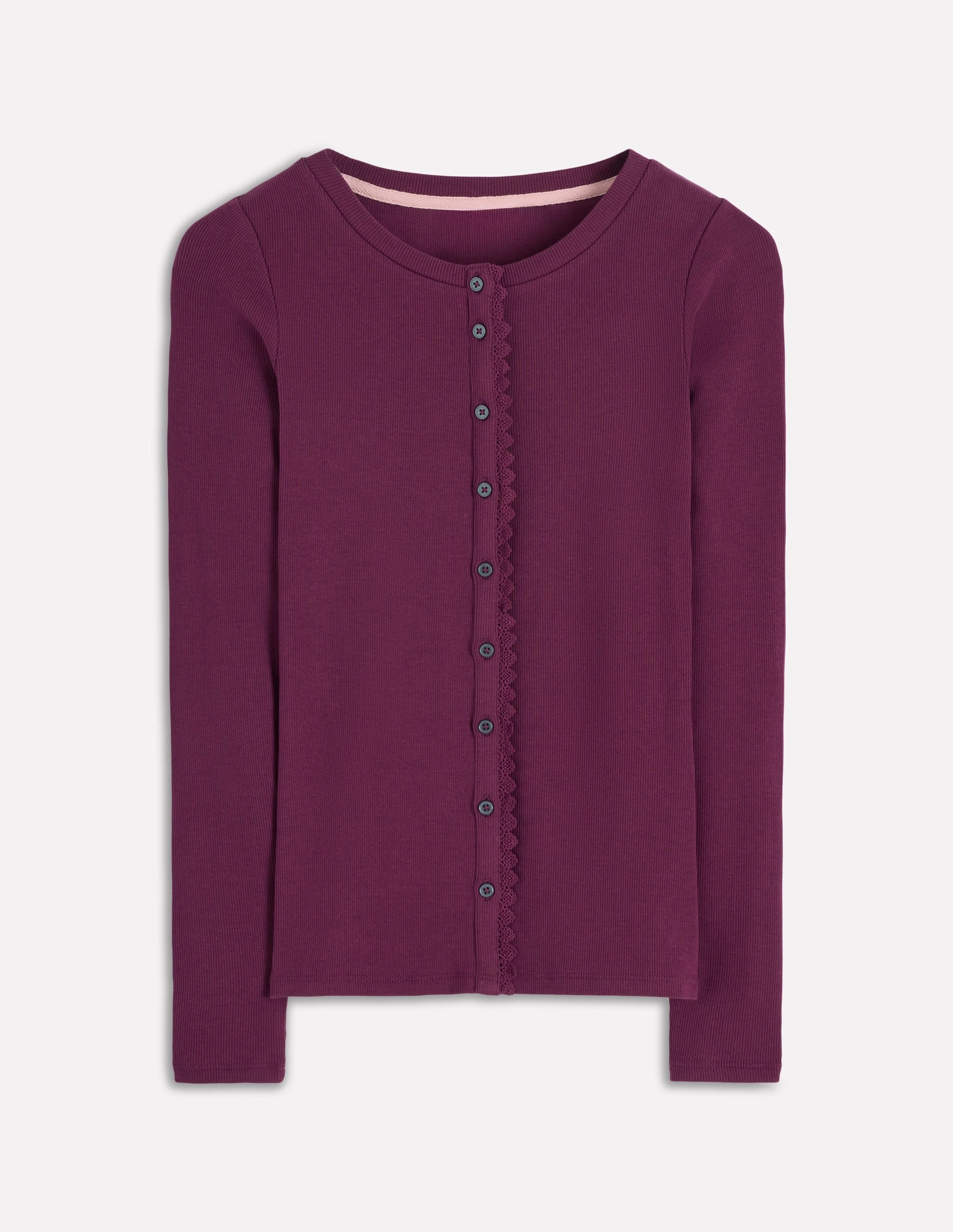 Reinforced Stitching Evie Button Through Ribbed Top-Bordeaux