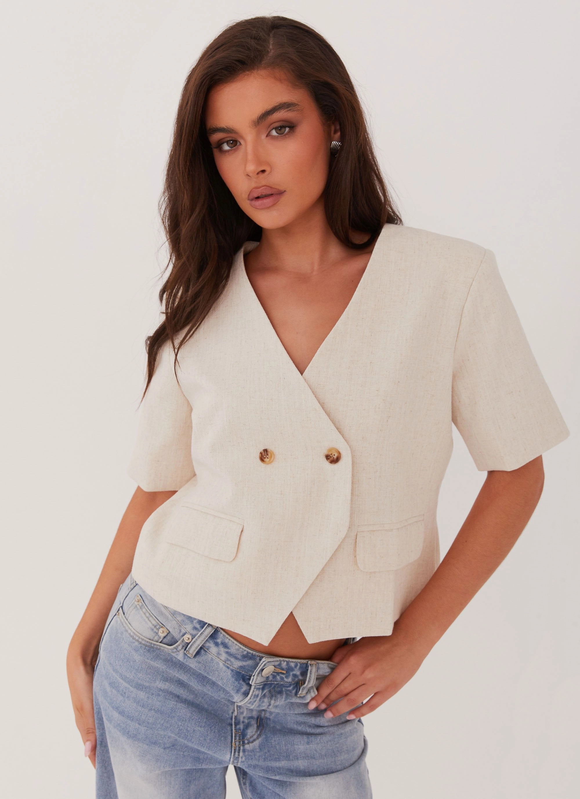 Windproof Cuffs Hacienda Linen Short Sleeve Blazer - Oatmeal