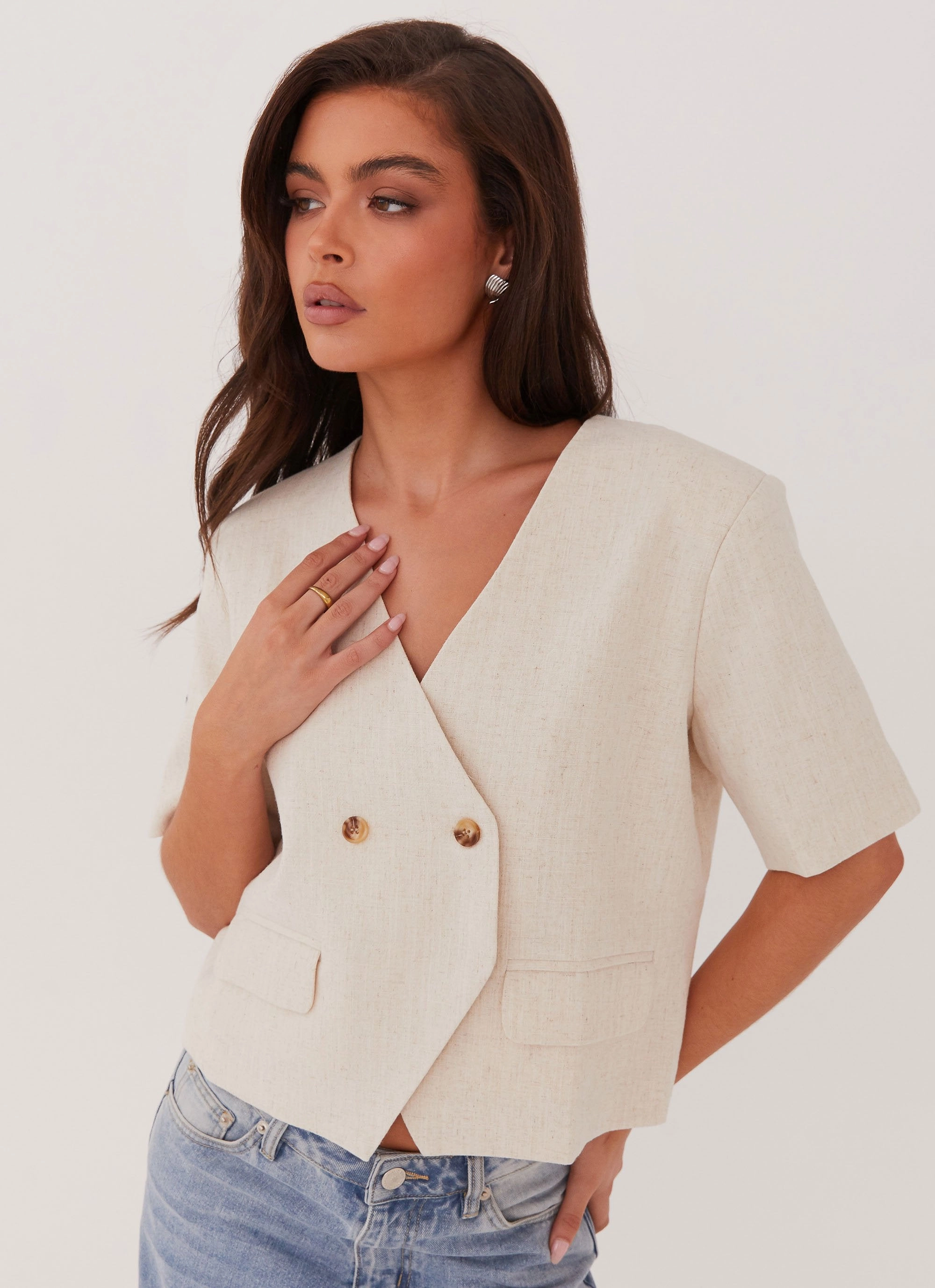 Hacienda Linen Short Sleeve Blazer - Oatmeal Light Outdoor Layer