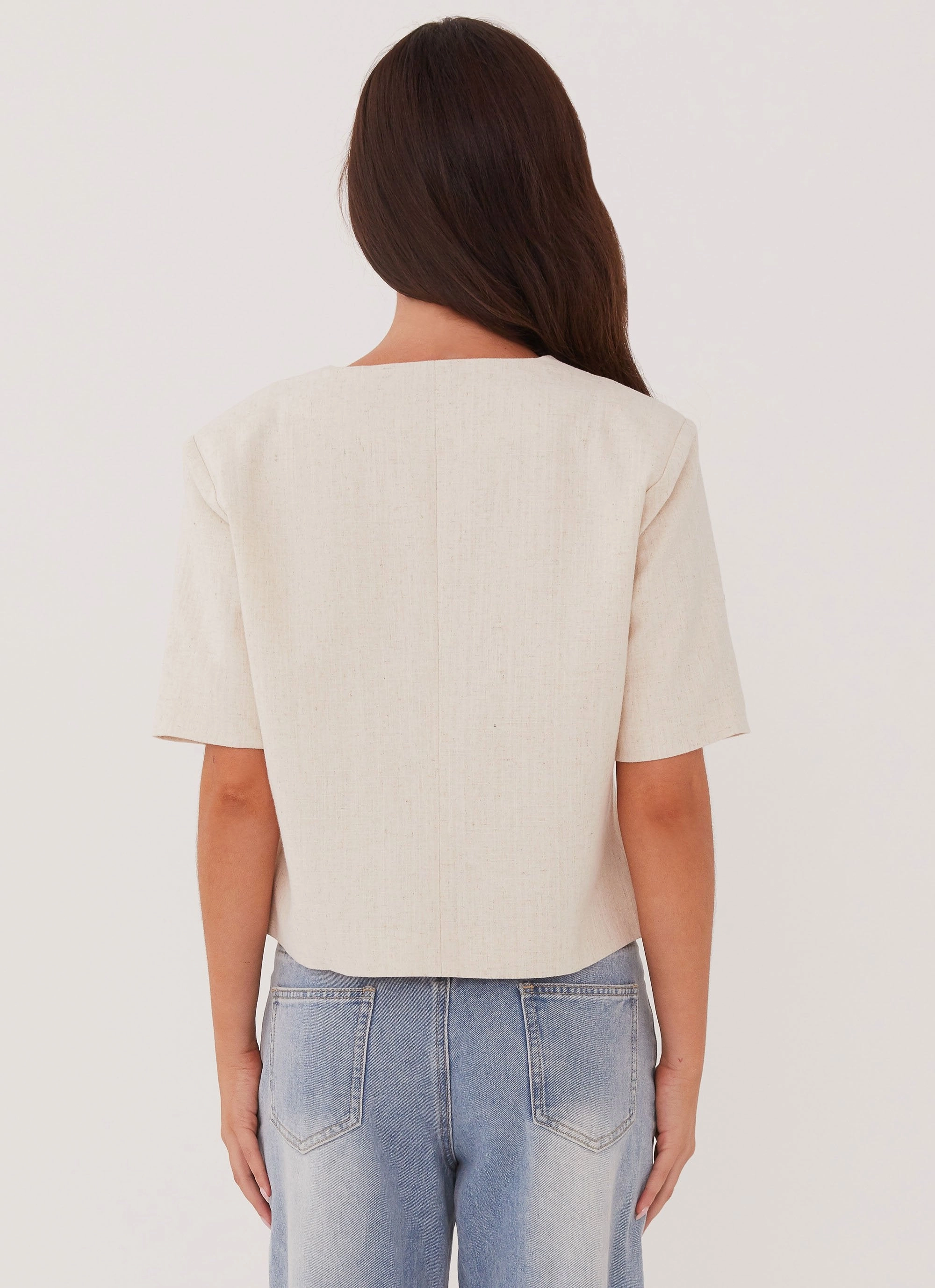 Hacienda Linen Short Sleeve Blazer - Oatmeal FadeResistant Print Relaxed Fit Silhouette