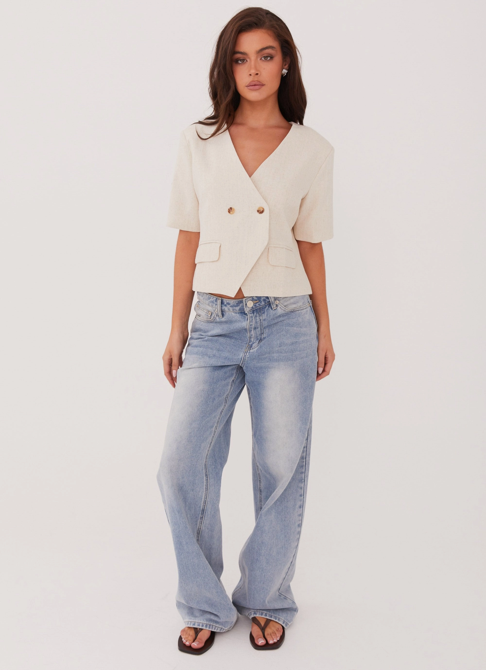 FadeResistant Print Hacienda Linen Short Sleeve Blazer - Oatmeal