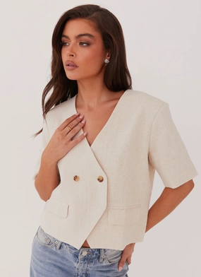 Hacienda Linen Short Sleeve Blazer - Oatmeal Light Outdoor Layer