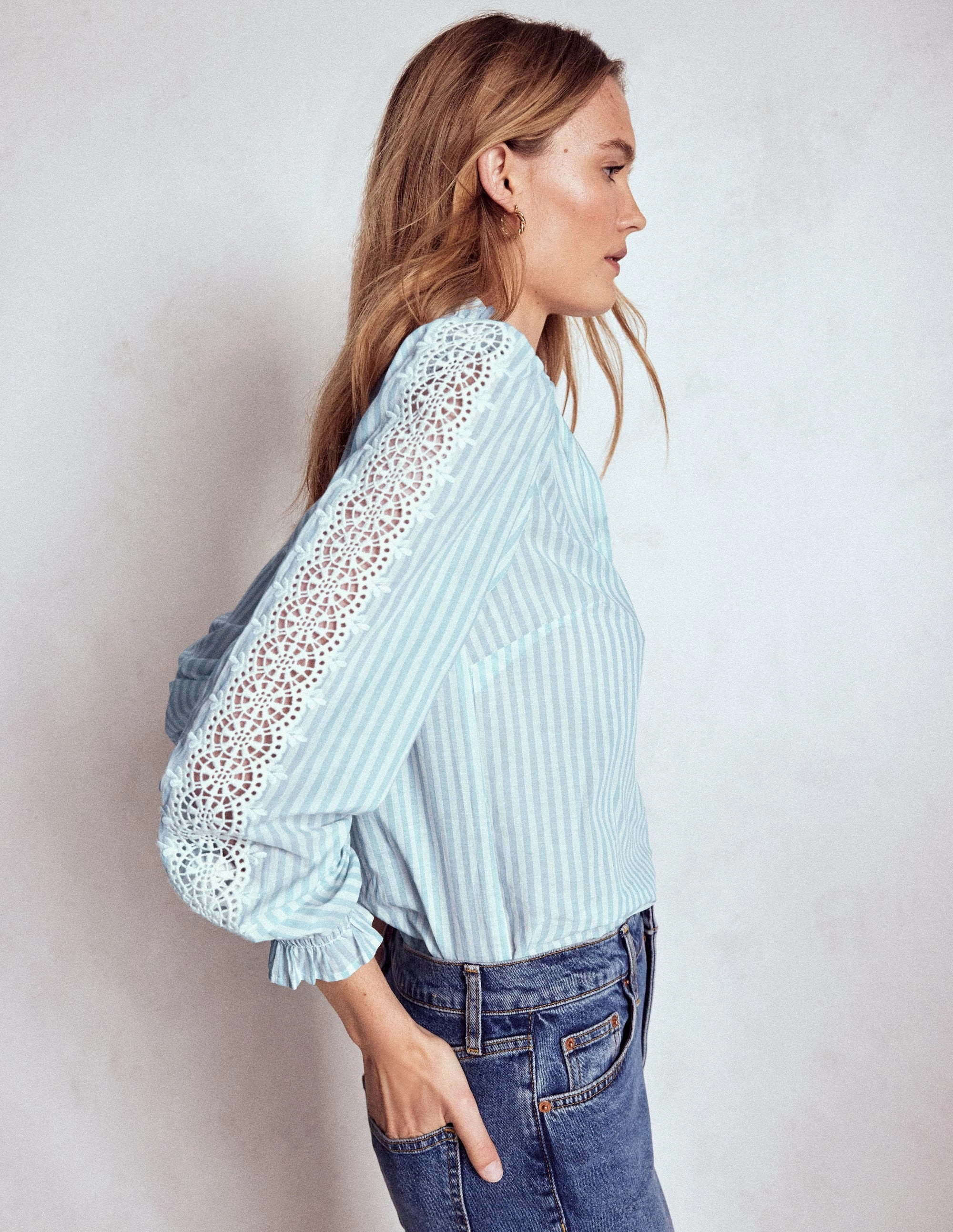 Non Chafe Armholes Light Deflection Fabric Lorna Pleated Cotton Top-Blue and Ivory Stripe