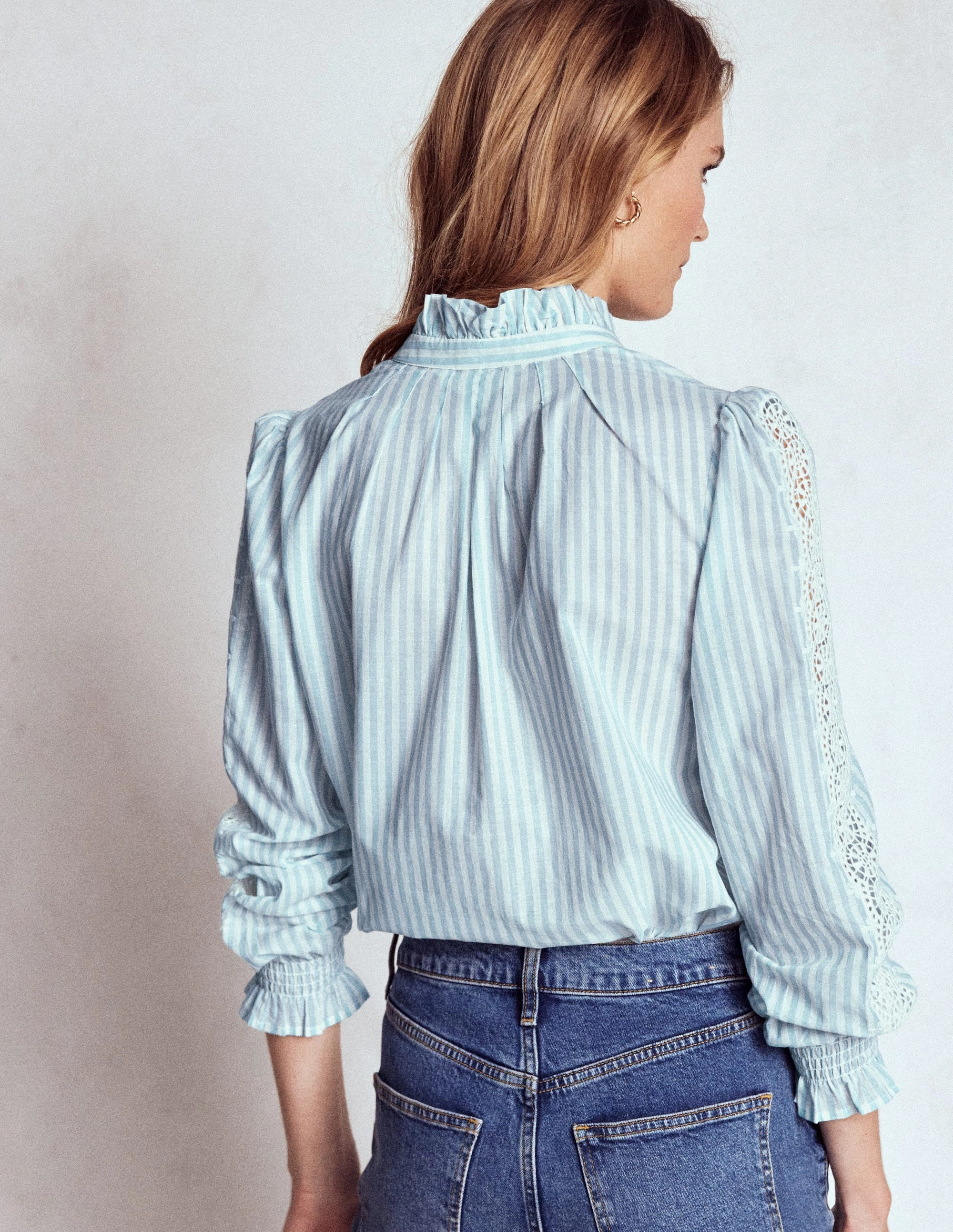 Comfy Fit NonRestrictiveCollar Lorna Pleated Cotton Top-Blue and Ivory Stripe