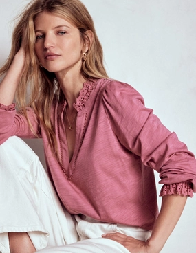 Soft Wool Aria Broderie Notch Neck Top-Pink Heather