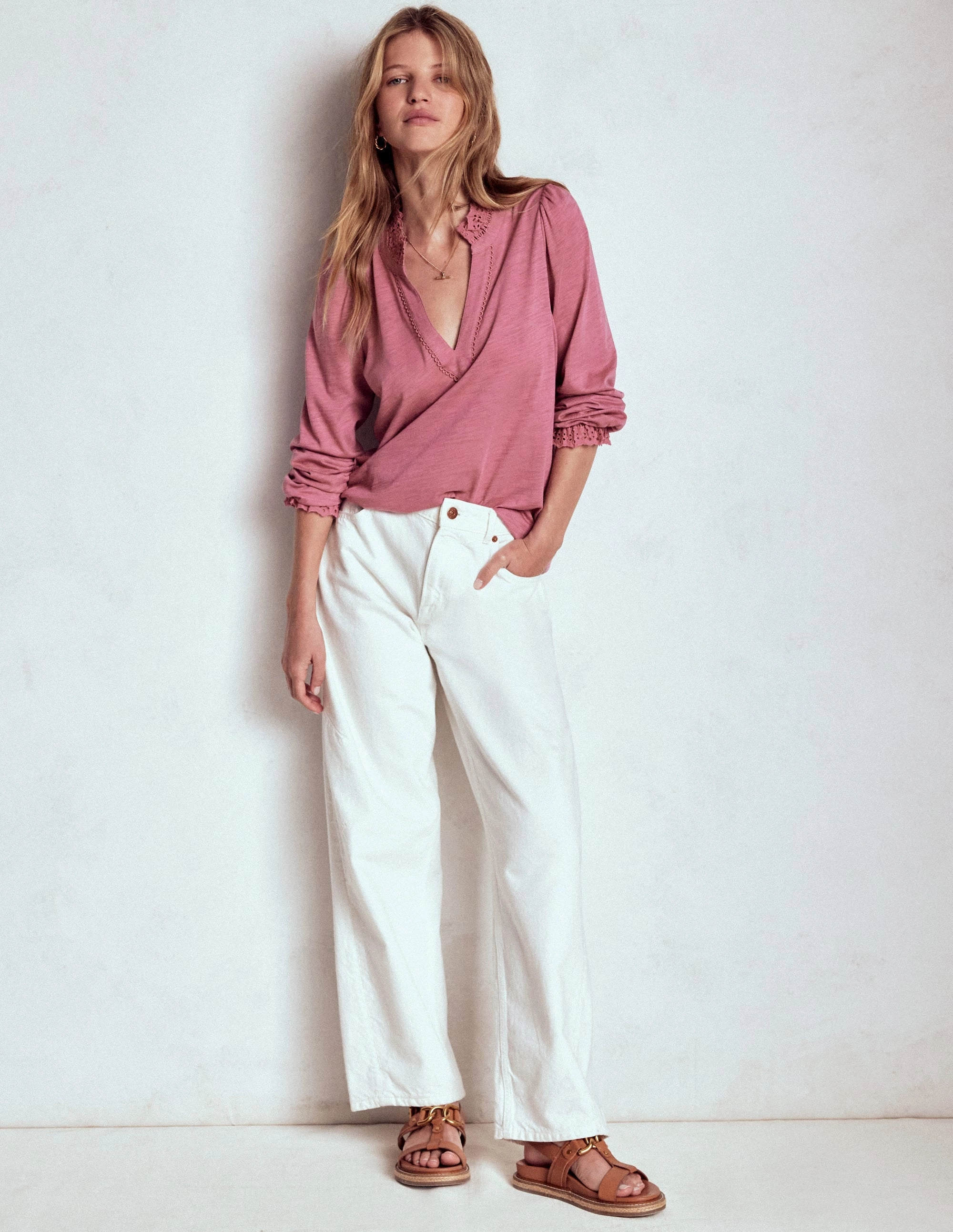 Aria Broderie Notch Neck Top-Pink Heather UV Protection Enhanced