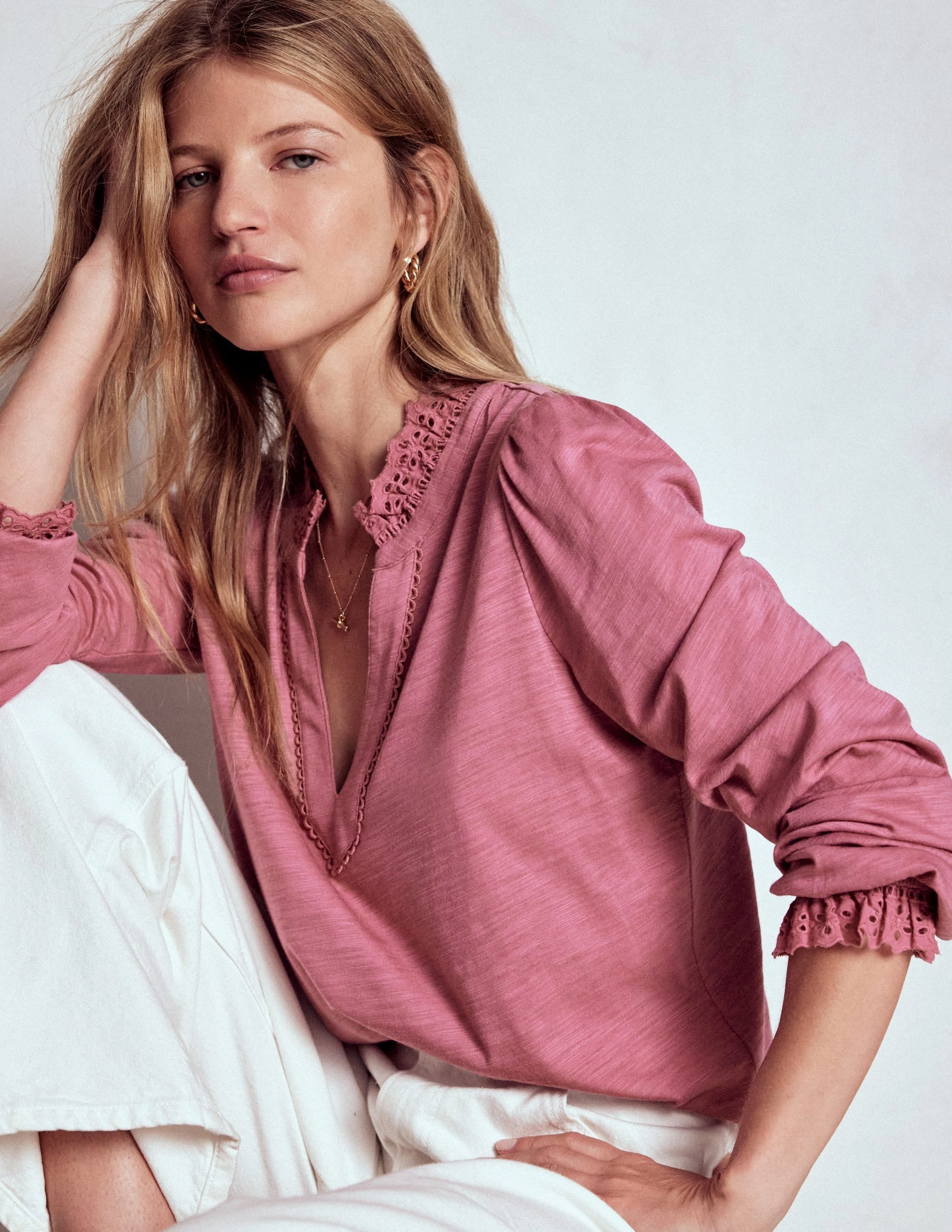 Soft Wool Aria Broderie Notch Neck Top-Pink Heather
