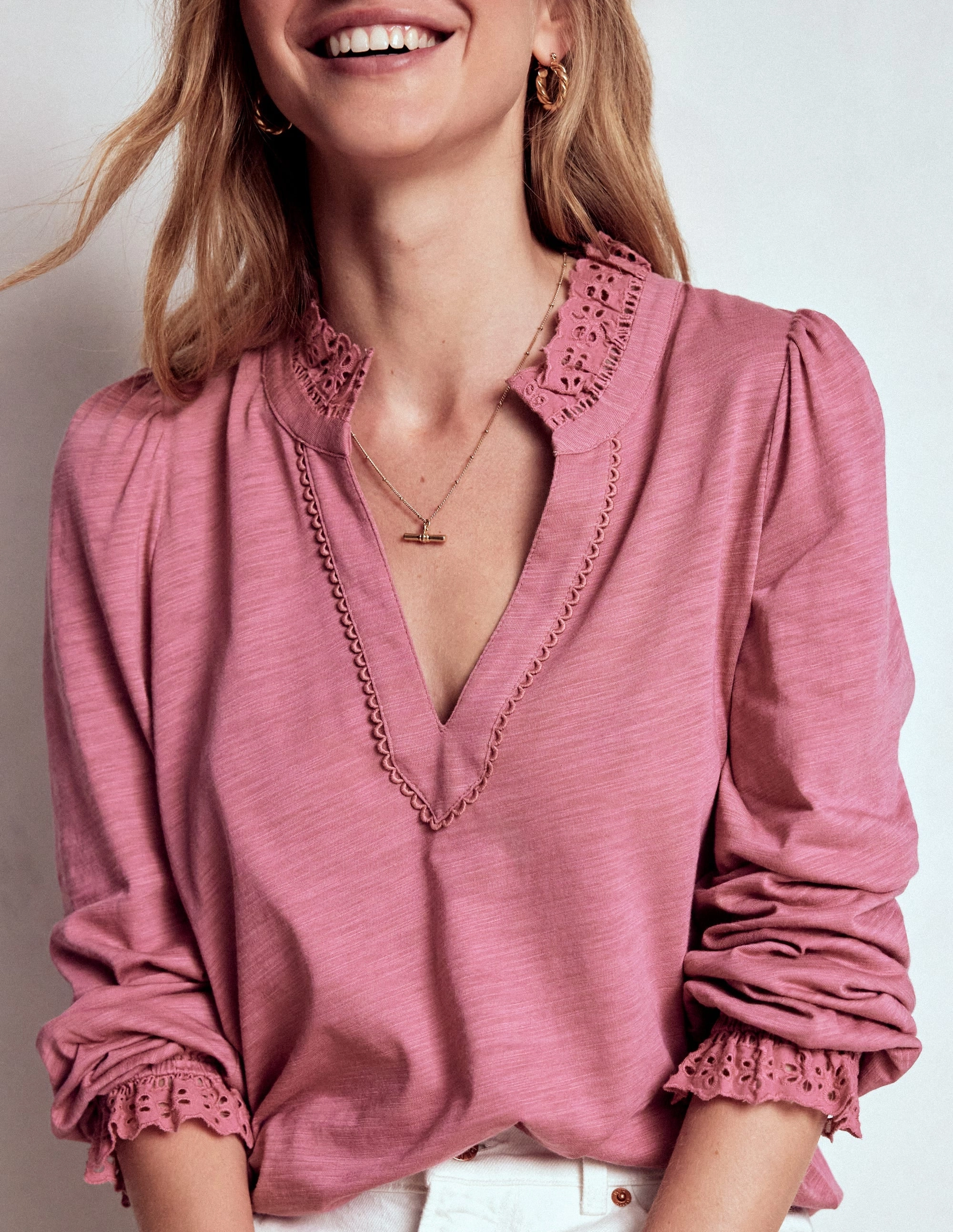ReflectiveTrim Adjustable Fit System Aria Broderie Notch Neck Top-Pink Heather
