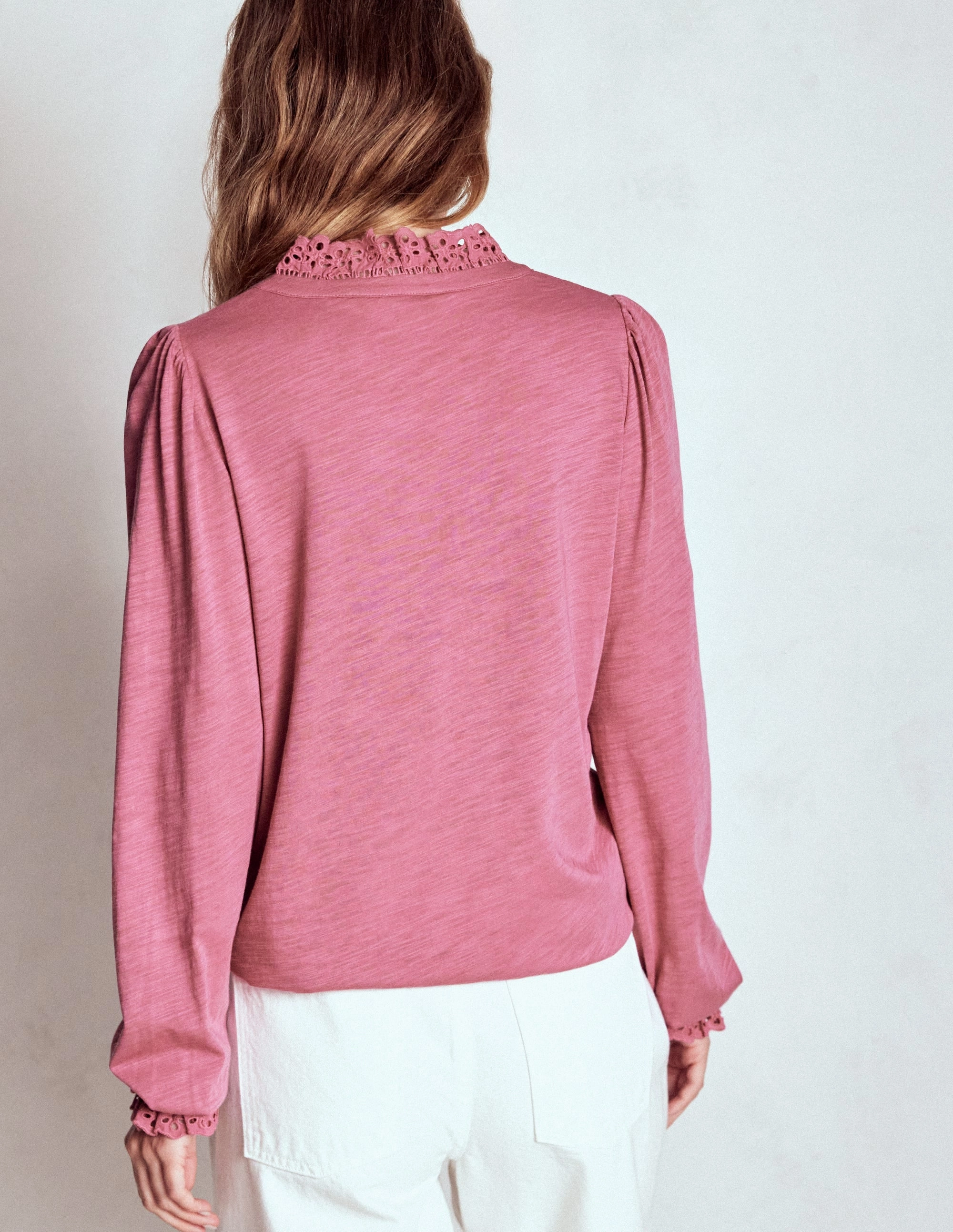 Aria Broderie Notch Neck Top-Pink Heather Bound Edges