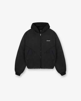 Nylon Hooded Bomber Jacket - Black Airy Cloth Stitched Look