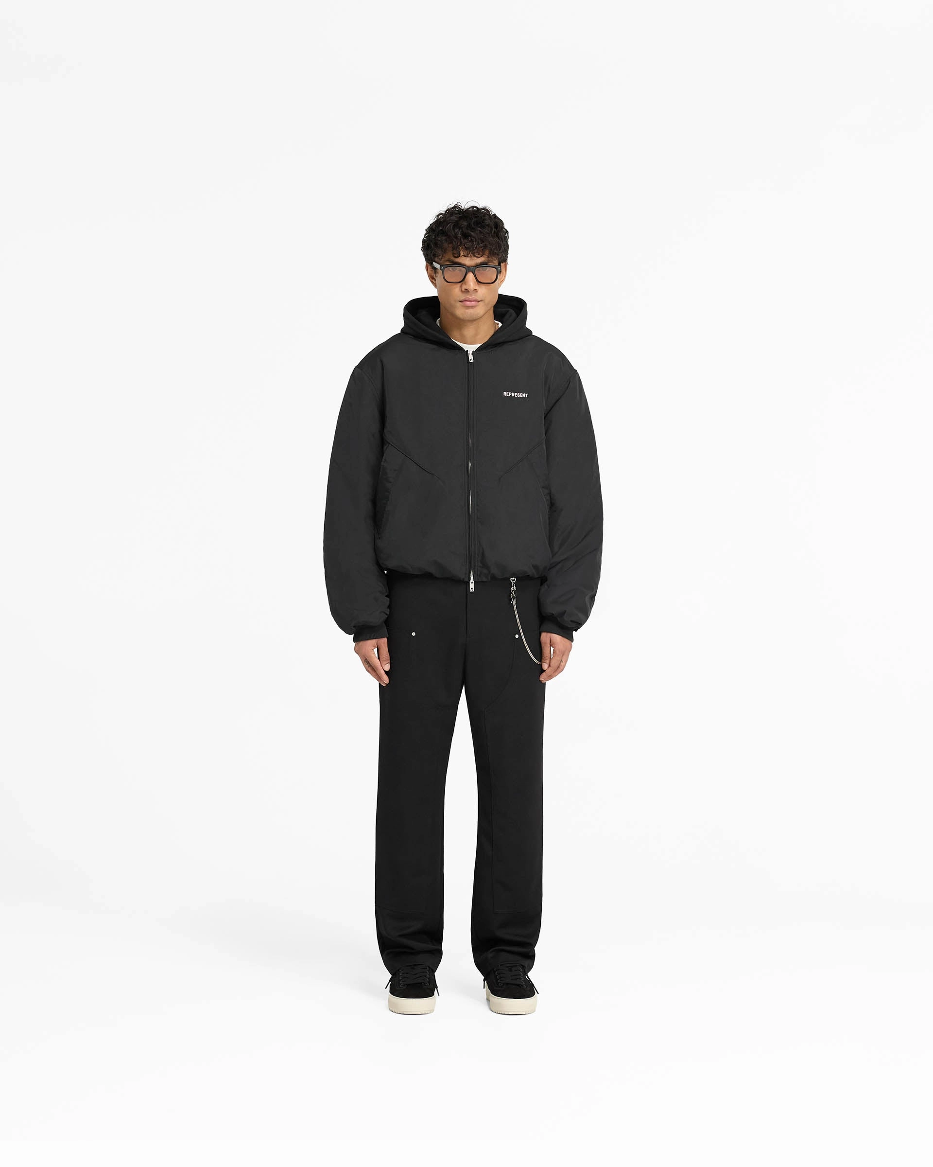 Layered Look Nylon Hooded Bomber Jacket - Black