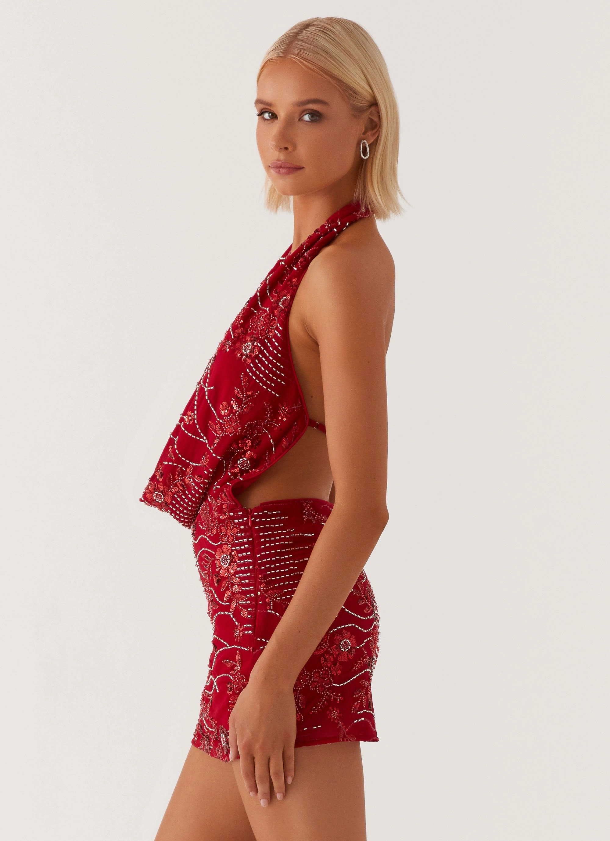 Urban appeal Beaded-Edge Olisa Cowl Neck Beaded Mini Dress - Red