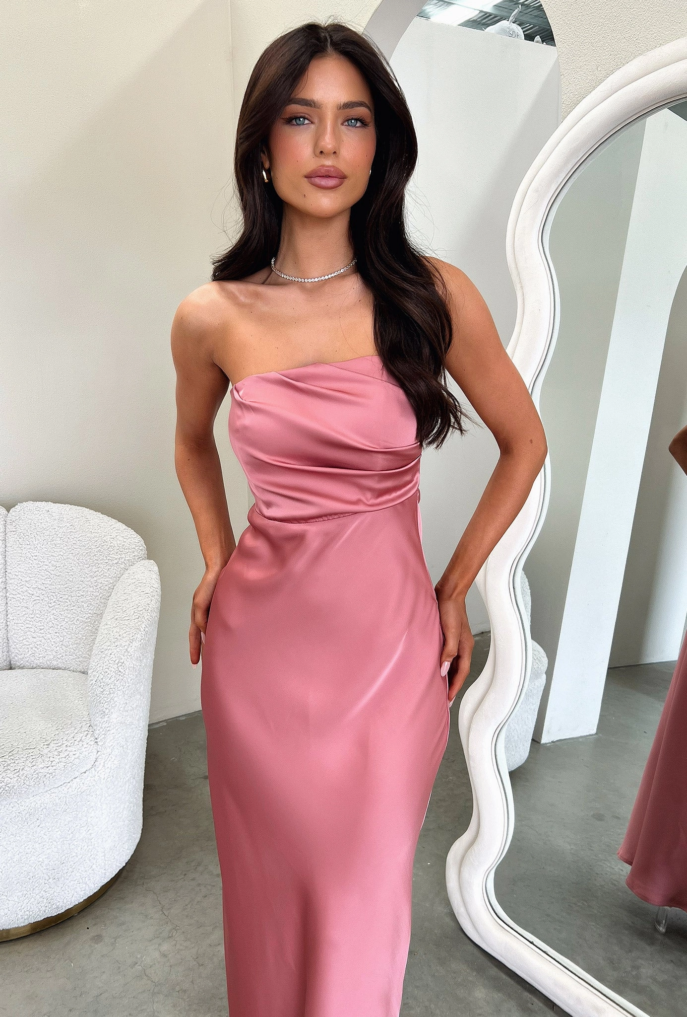 Elio Strapless Satin Maxi Dress - Rose Smart Edge Travel Ready