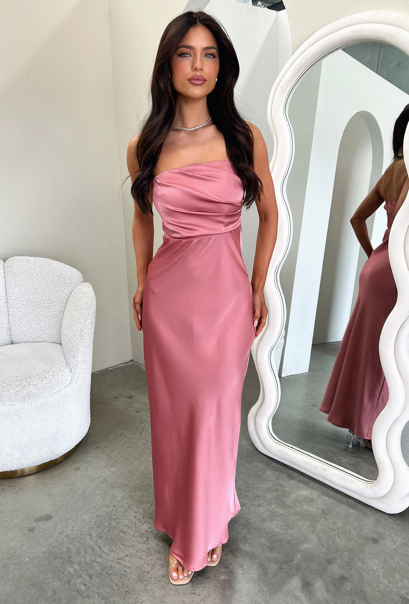 Elio Strapless Satin Maxi Dress - Rose Sheer Layer