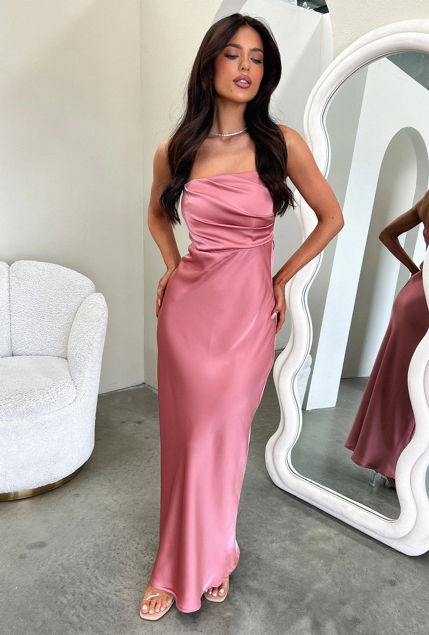 Elio Strapless Satin Maxi Dress - Rose Perfect Mood Stylish Waistband Fit