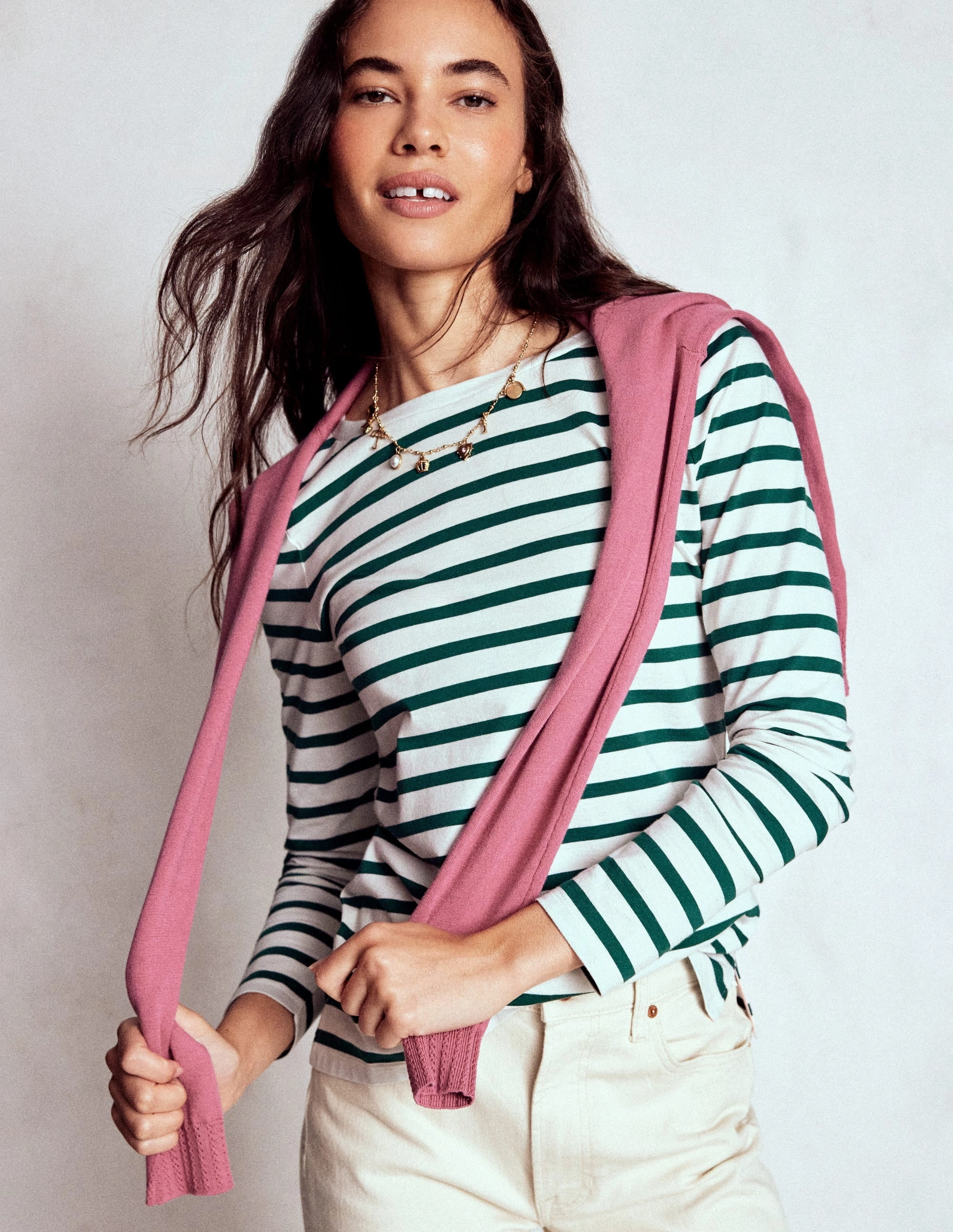 Olivia Long Sleeve Breton-Emerald Night Stripe AntiStatic Material