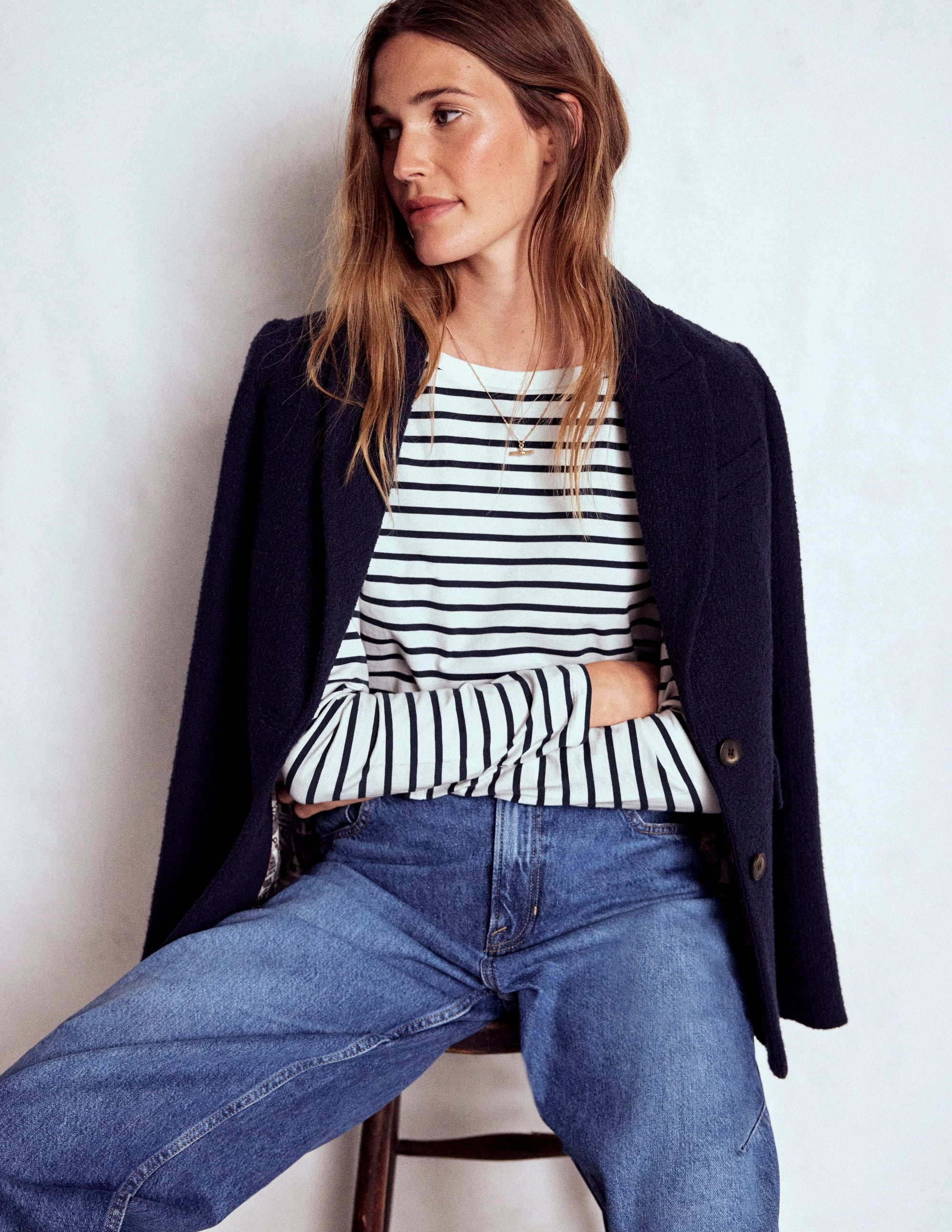 Olivia Long Sleeve Breton-Ivory, Navy Smooth Zipper Integration Formal Tank