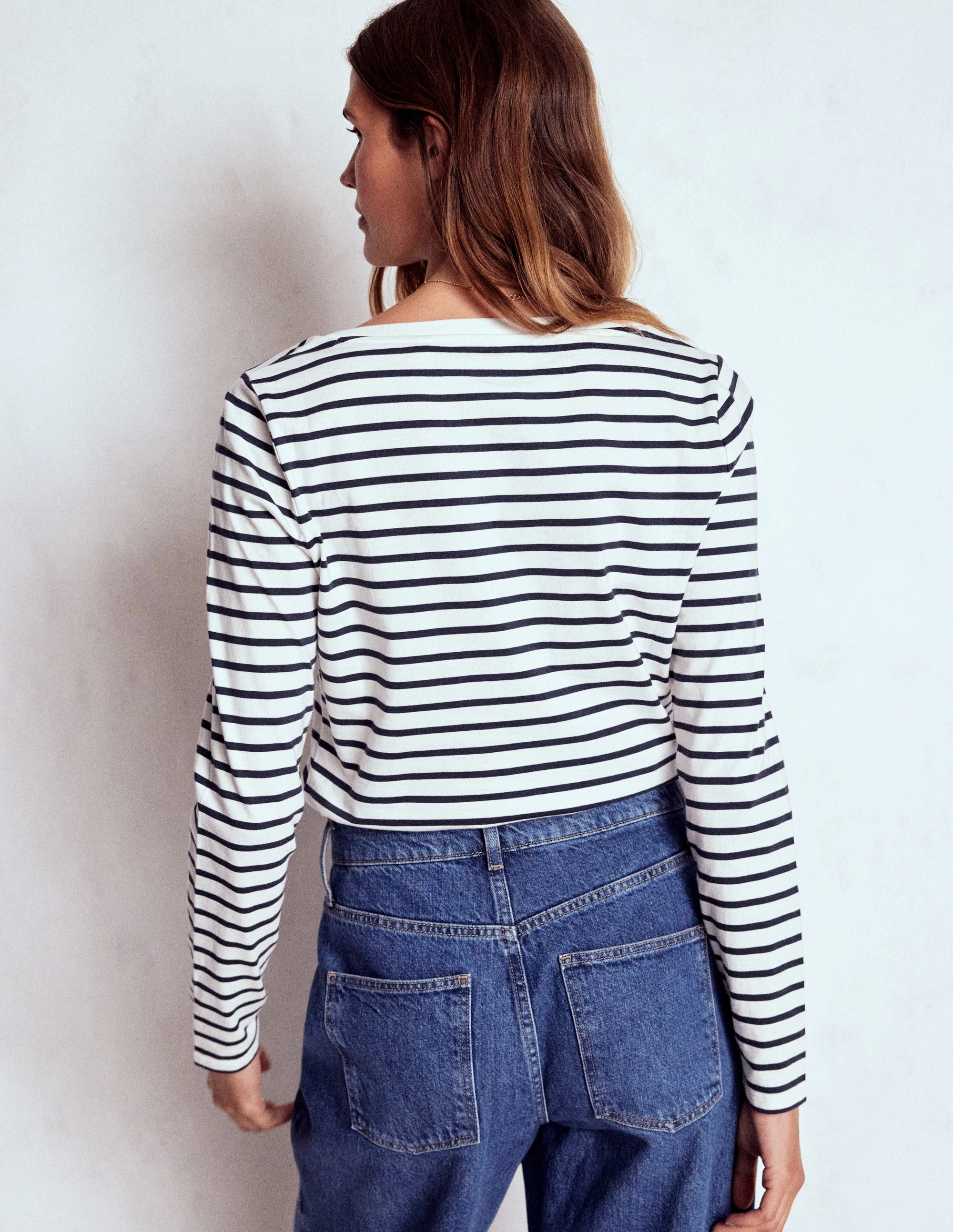Olivia Long Sleeve Breton-Ivory, Navy UV Protective Coating Yarn Dyed Fabric