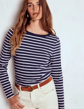 Olivia Long Sleeve Breton-Navy, Ivory Durable Hem Stitching