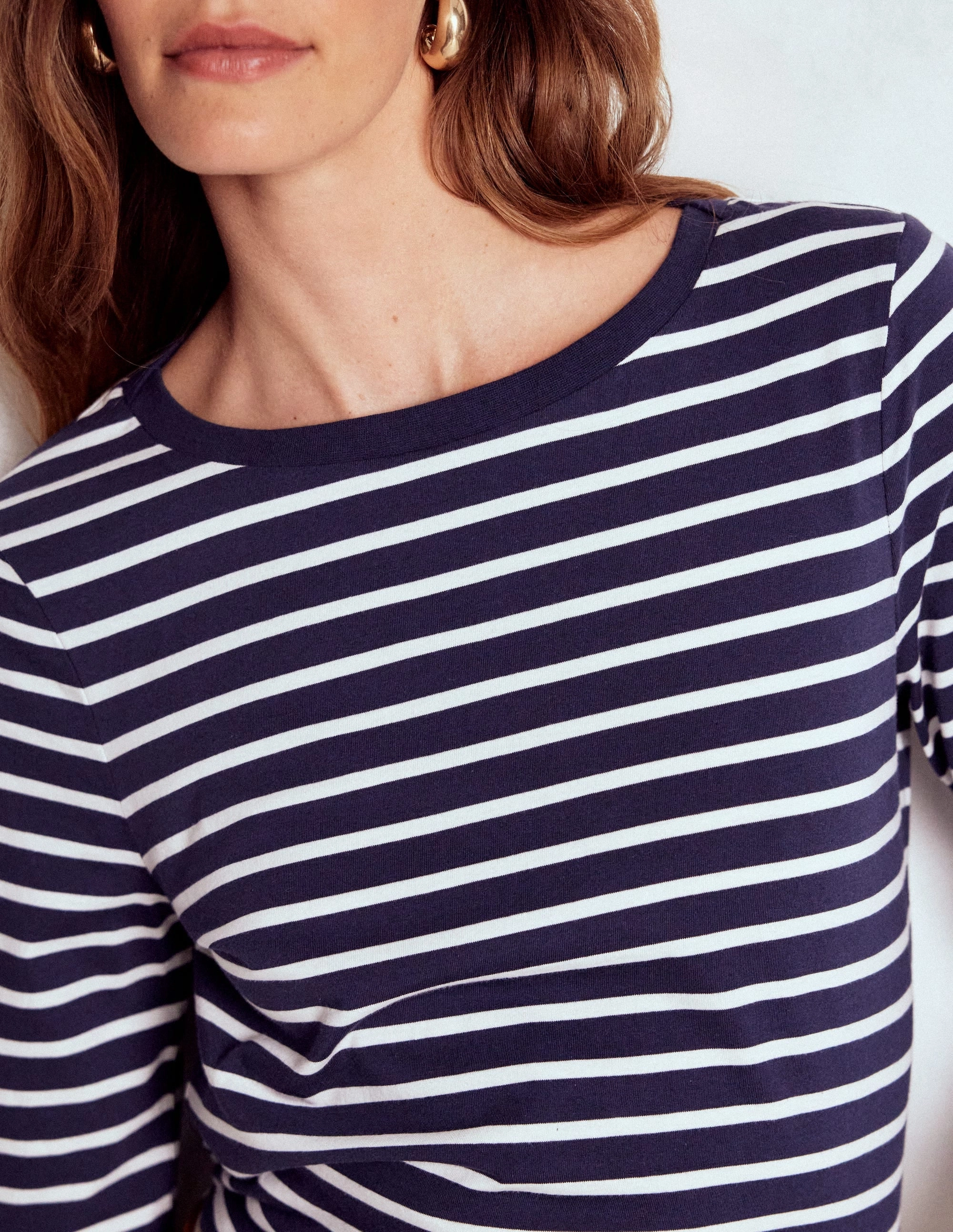 Stretchable Knit MeshPanel Olivia Long Sleeve Breton-Navy, Ivory