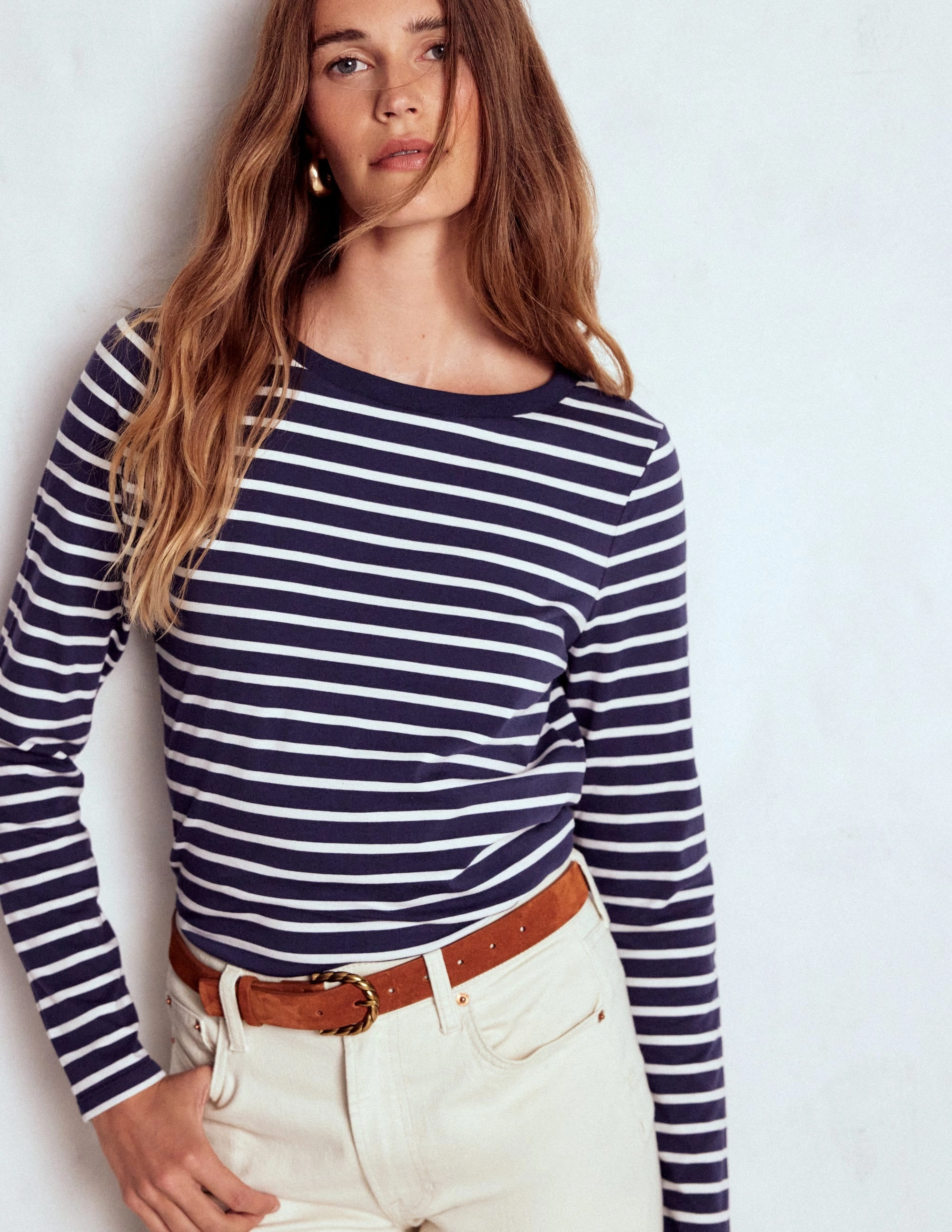 Olivia Long Sleeve Breton-Navy, Ivory Durable Hem Stitching