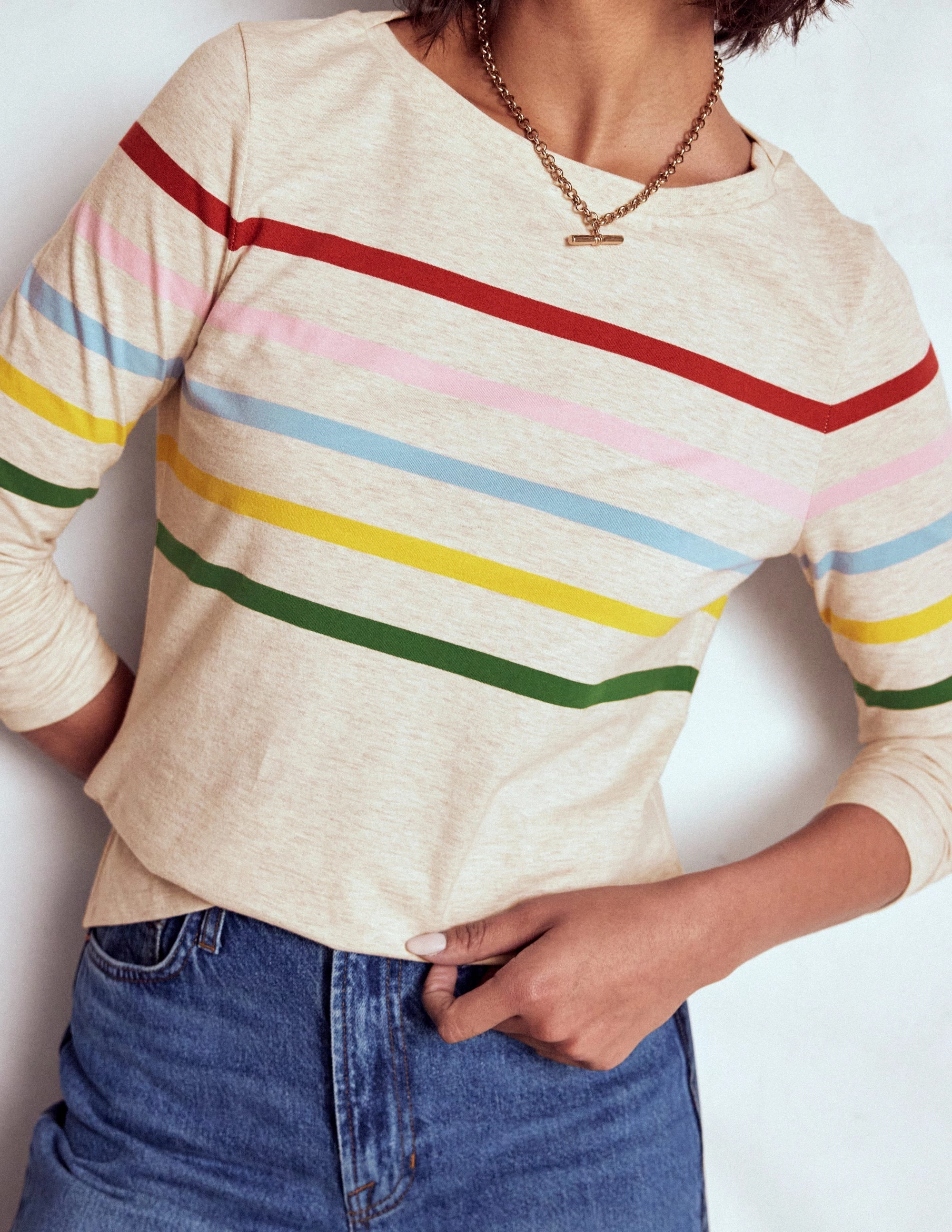 WaterRepellent Finish Olivia Long Sleeve Breton-Oatmeal Marl Placed Breton