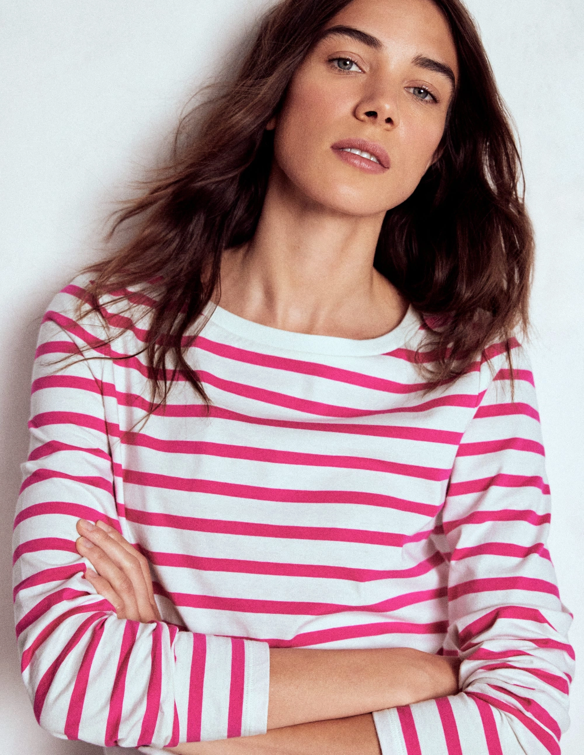 Olivia Long Sleeve Breton-Pink Peony Stripe Stretch Fit Engineering Non Iron Fabric