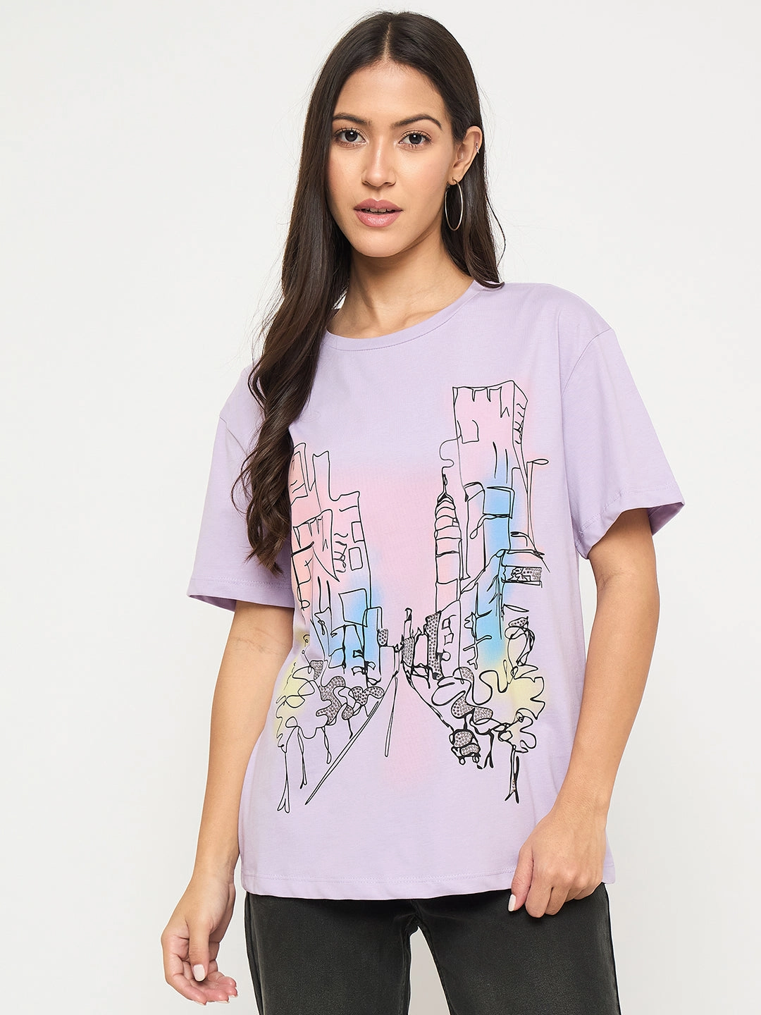 Water Based Ink Madame Swarovski Detail Graphic Print Cotton Lilac T-shirt