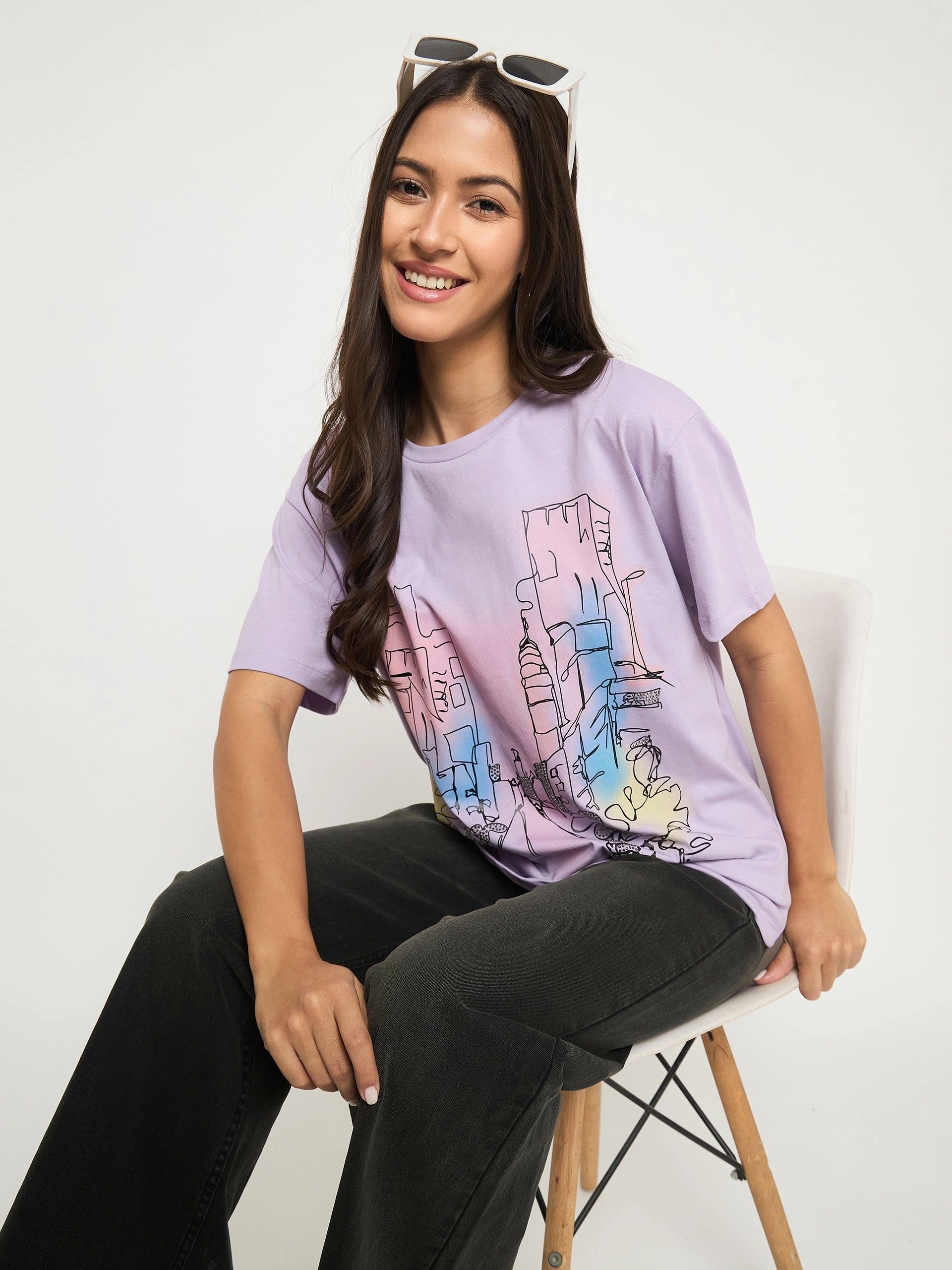 Madame Swarovski Detail Graphic Print Cotton Lilac T-shirt Sport Fit Wedding