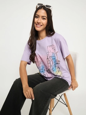 Madame Swarovski Detail Graphic Print Cotton Lilac T-shirt Sport Fit Wedding