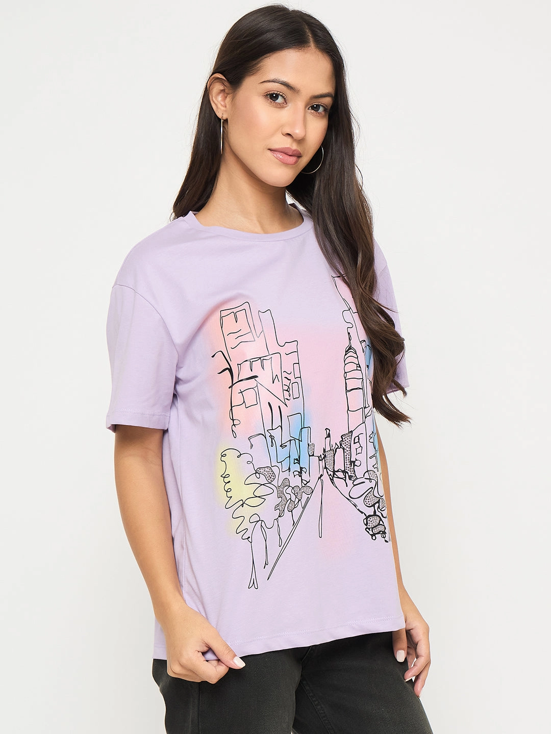 Madame Swarovski Detail Graphic Print Cotton Lilac T-shirt Performance Stretch Comfort and Ease