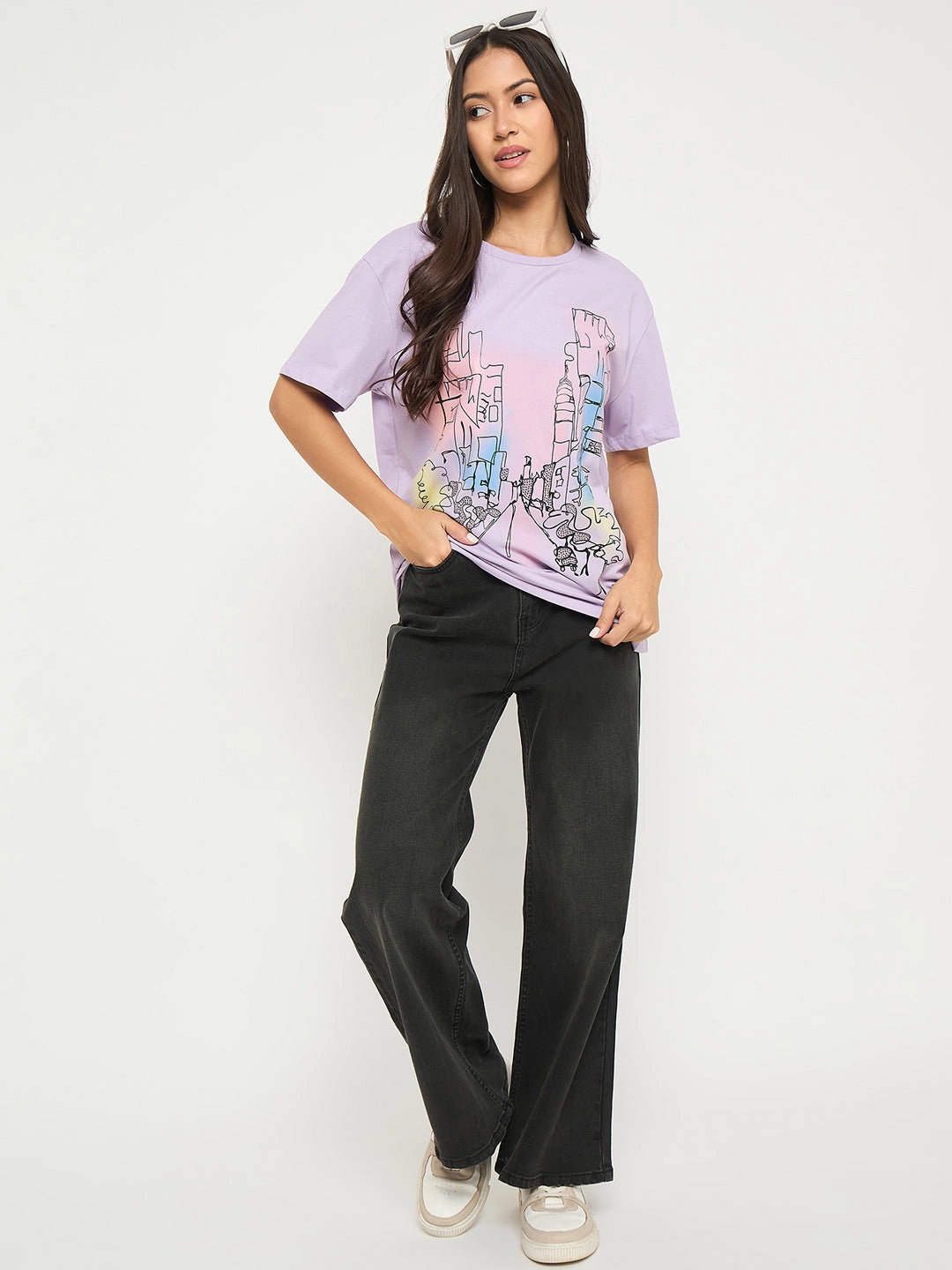 Madame Swarovski Detail Graphic Print Cotton Lilac T-shirt Versatile Wear