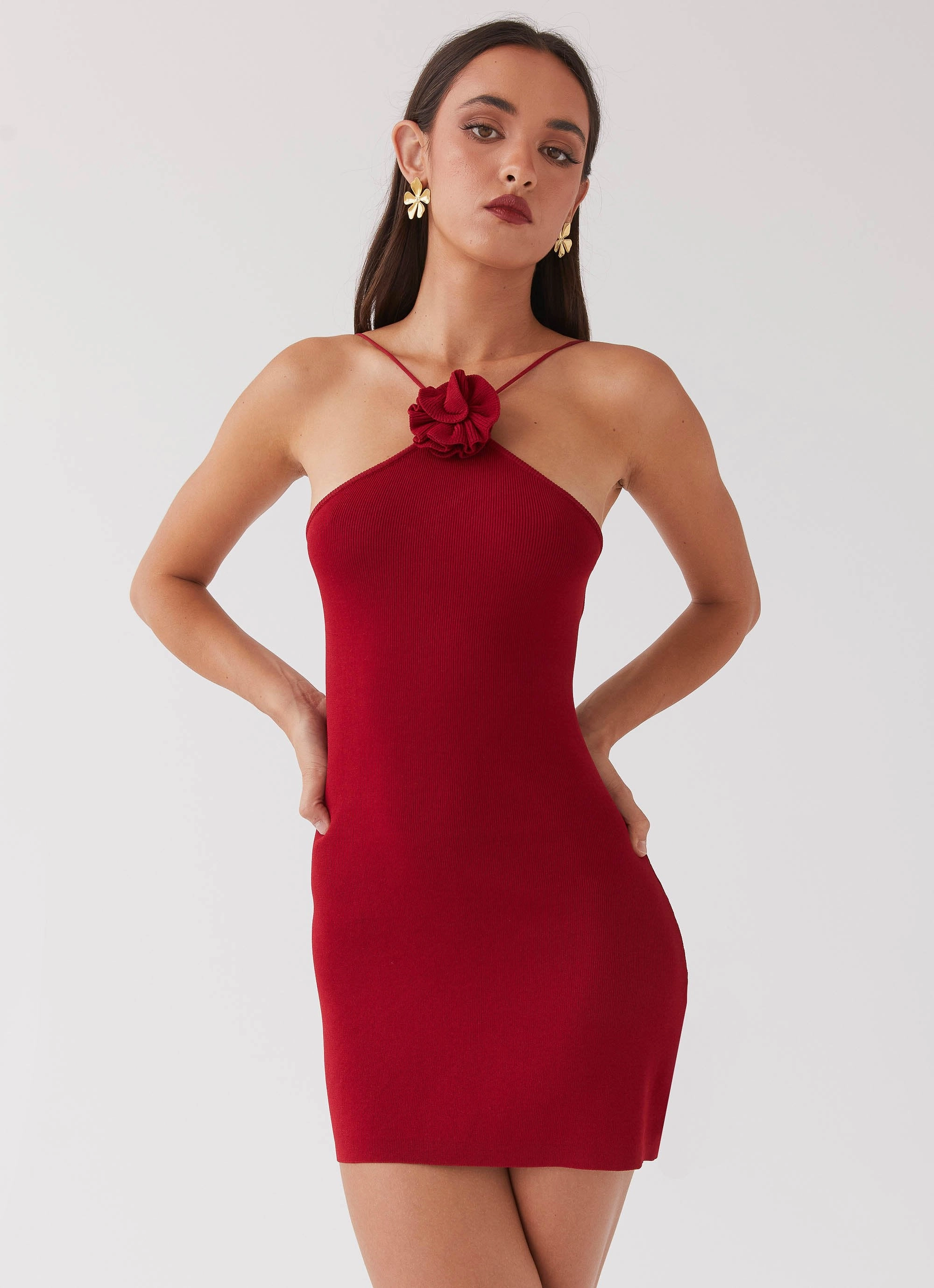Sleek Flex Subtle Flex Delphi Rose Knit Mini Dress - Rouge Red
