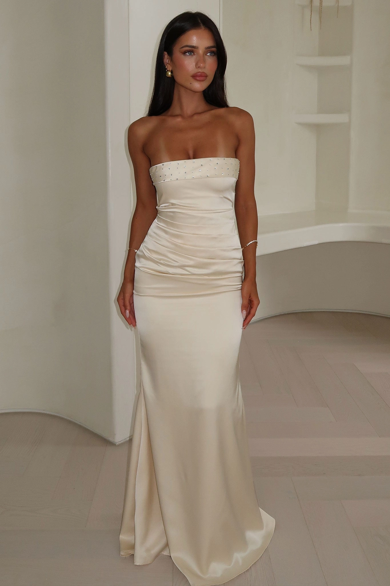 Ophelia Strapless Embellished Satin Maxi Dress - Champagne Grace Vibe Bold Cut