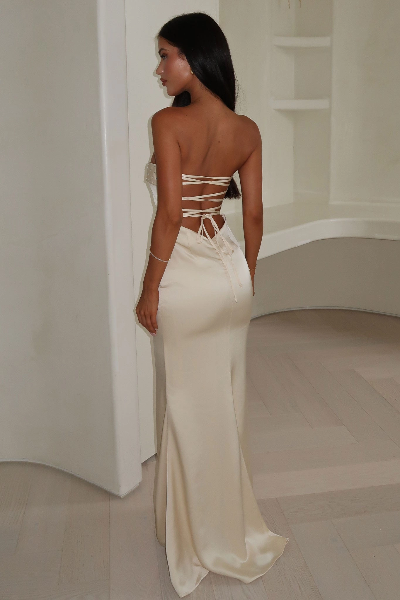 Fresh Fit Light Rhythm Ophelia Strapless Embellished Satin Maxi Dress - Champagne