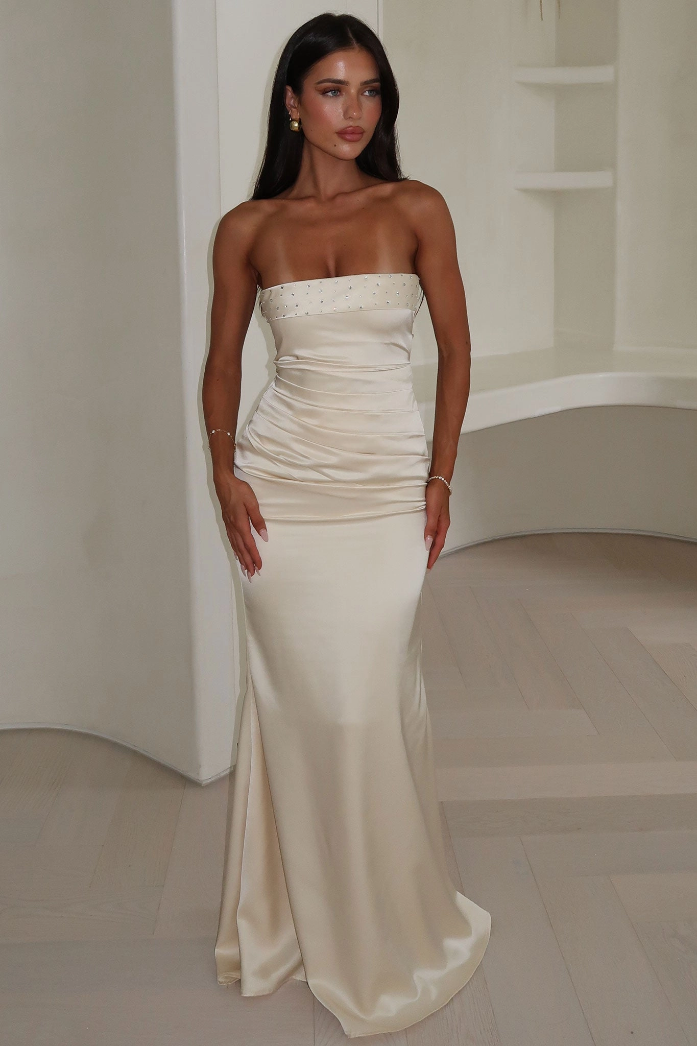 Daily Option Ophelia Strapless Embellished Satin Maxi Dress - Champagne