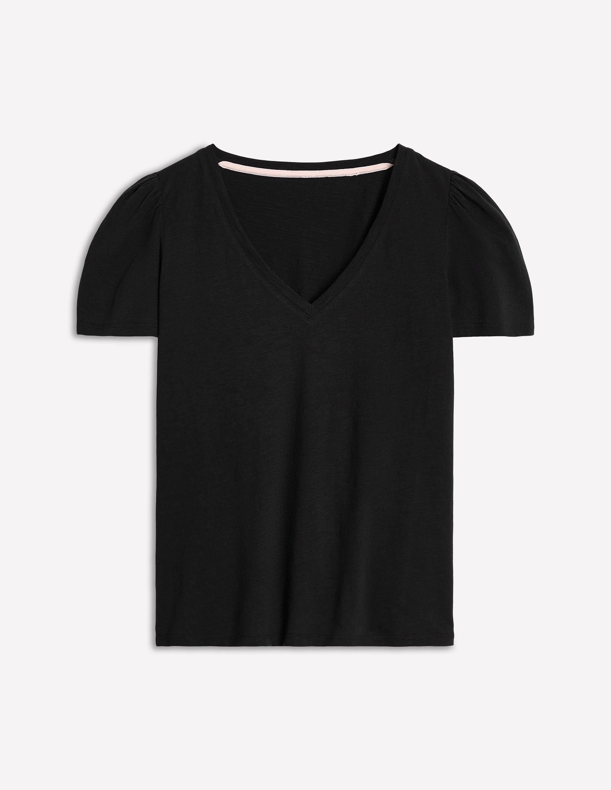 Short Sleeve V Neck T-shirt-Black NonChafing Fabric Colorfast Dye Method