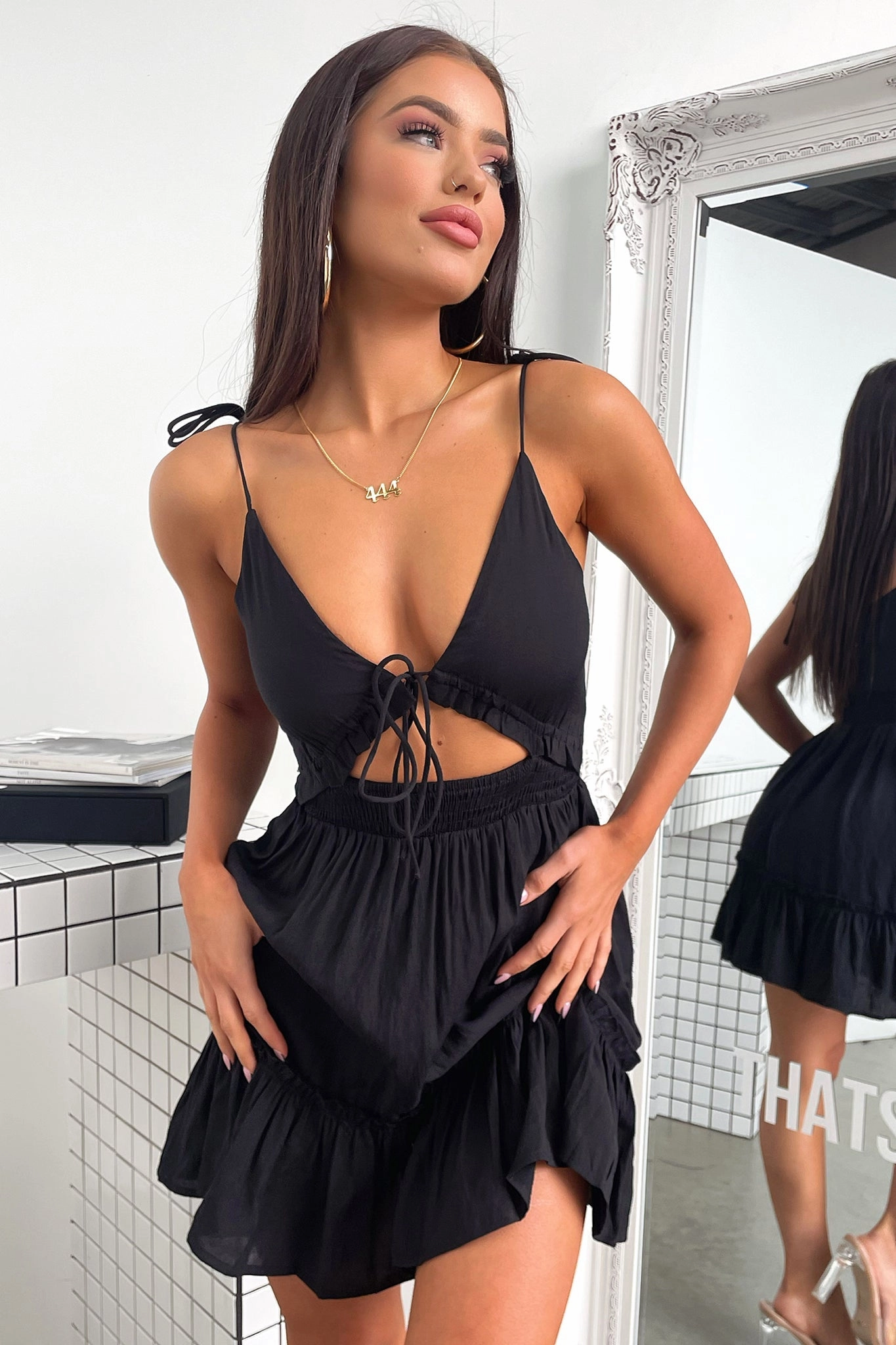 Mesh-Sleeve Primerose Dress - Black